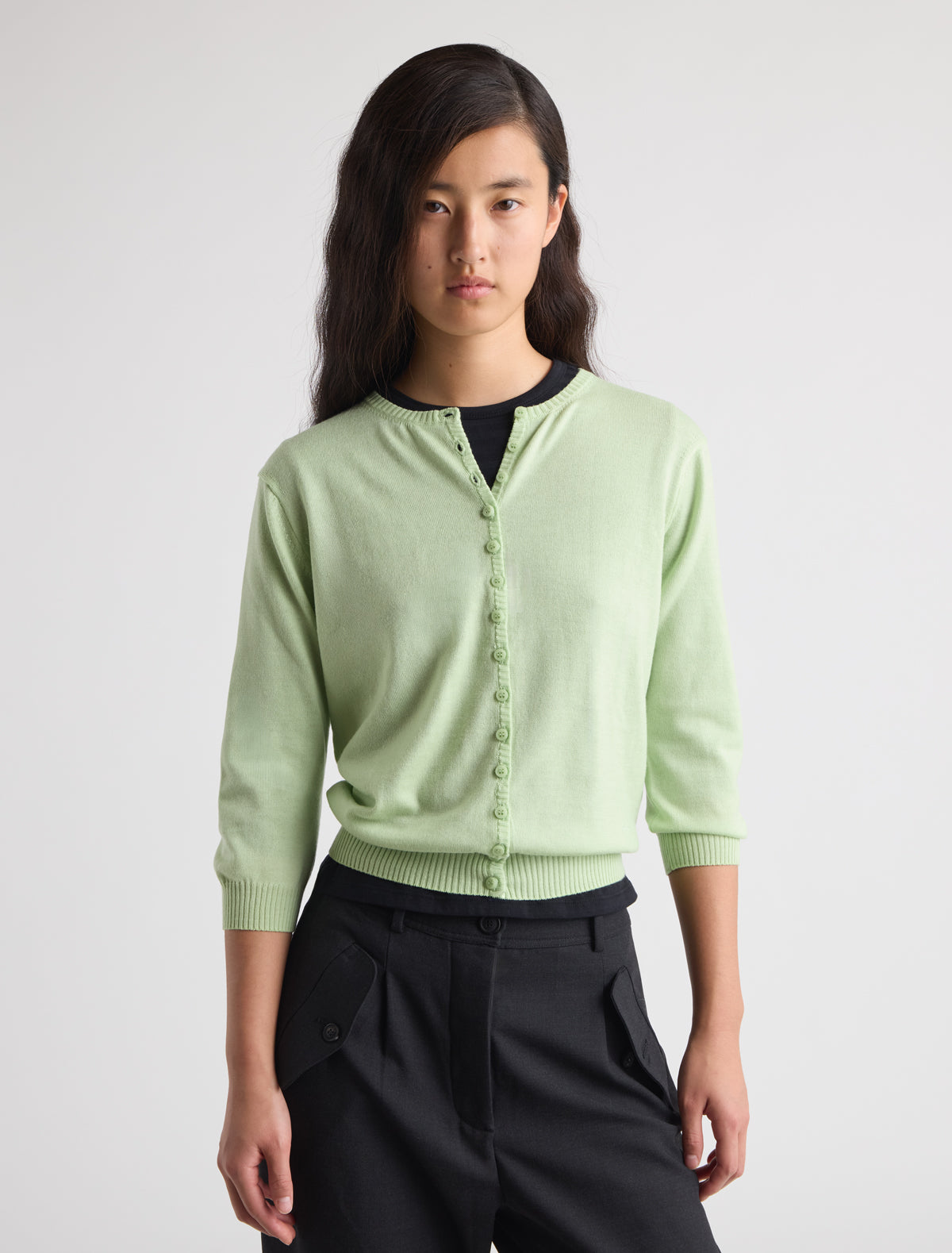 Ibal round neck knitted cardigan sleeves below elbow p w embroidery green