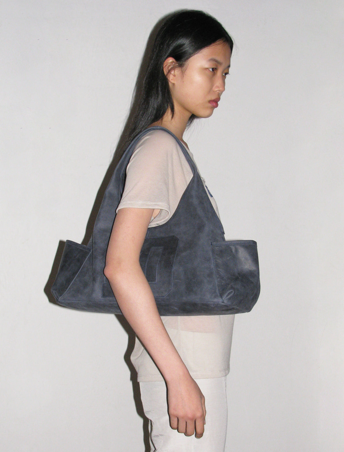 10years shoulder bag leather patch greyishblue