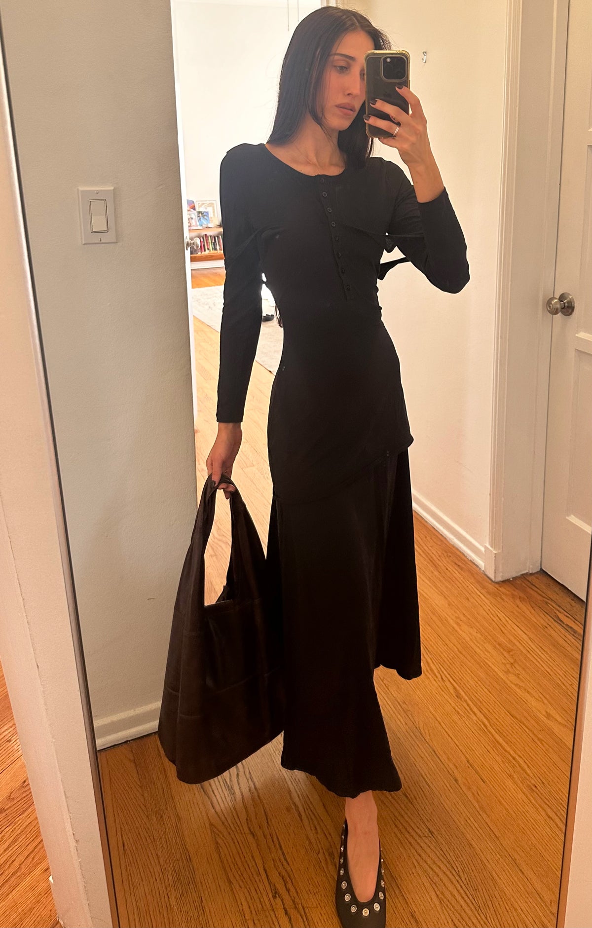 Fil long buttoned flared dress black