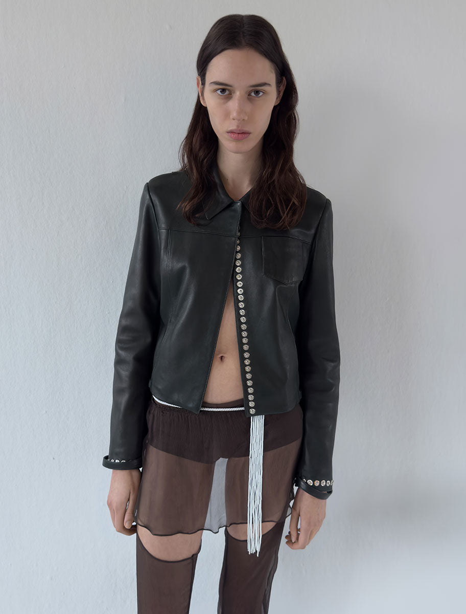 Octavia fitted leather jacket snap detailing hem cuffs