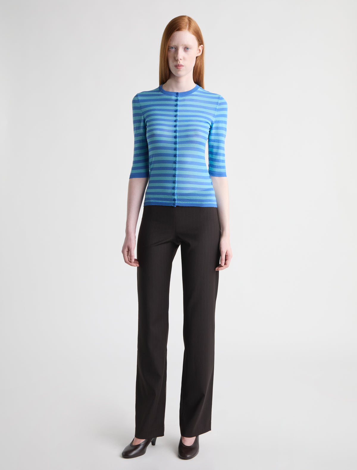 Balsam fitted striped cardigan button closure elbow length sleeves blue