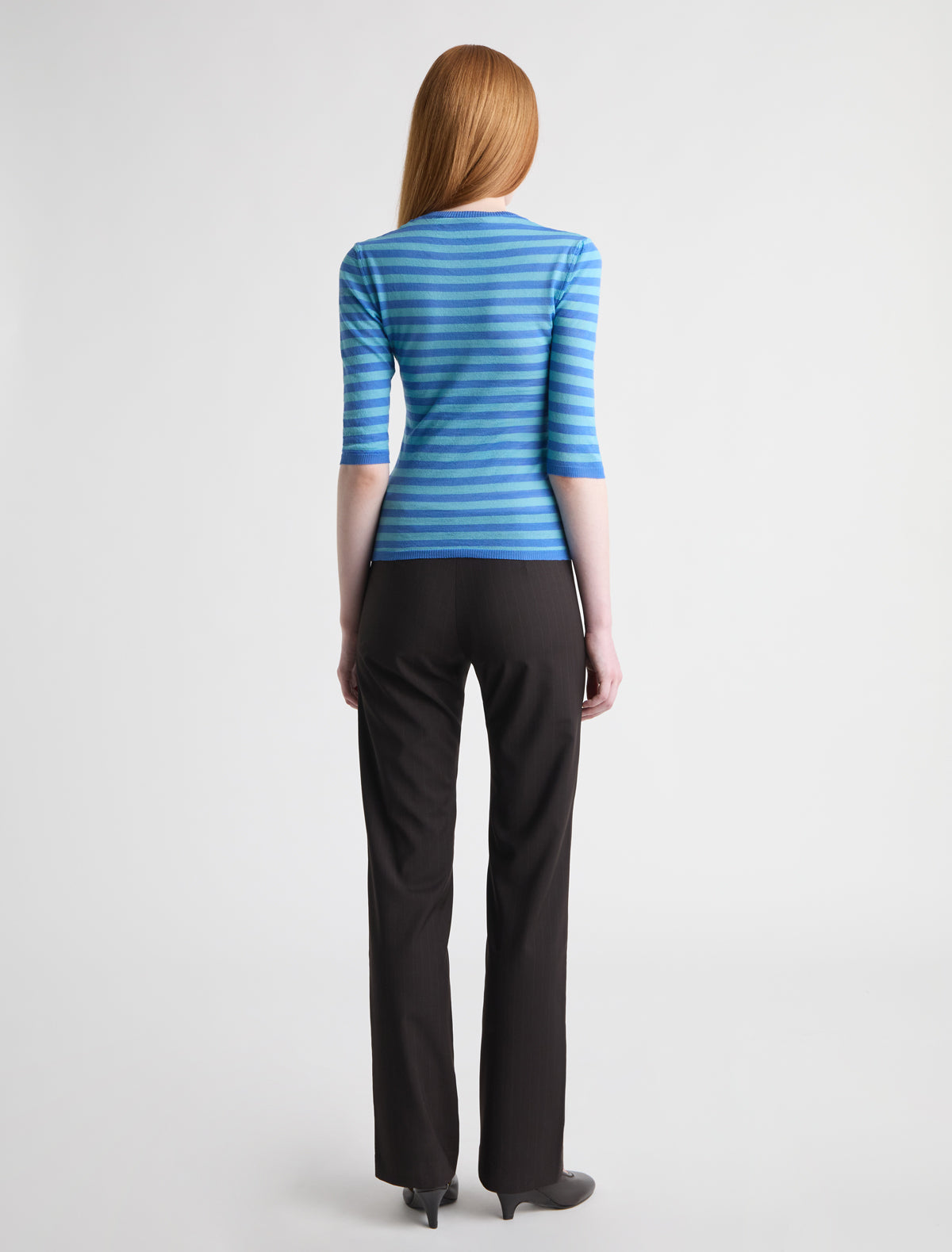 Balsam fitted striped cardigan button closure elbow length sleeves blue