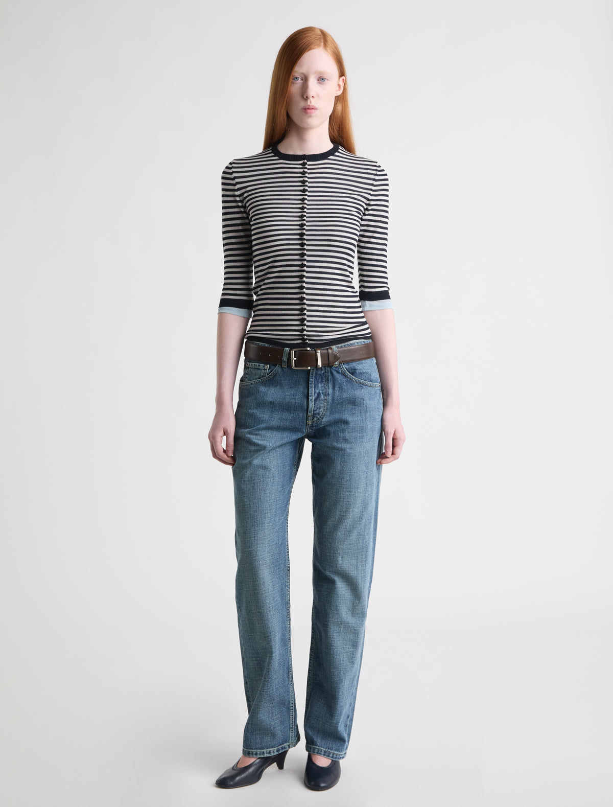 Balsam fitted striped cardigan button closure elbow length sleeves black