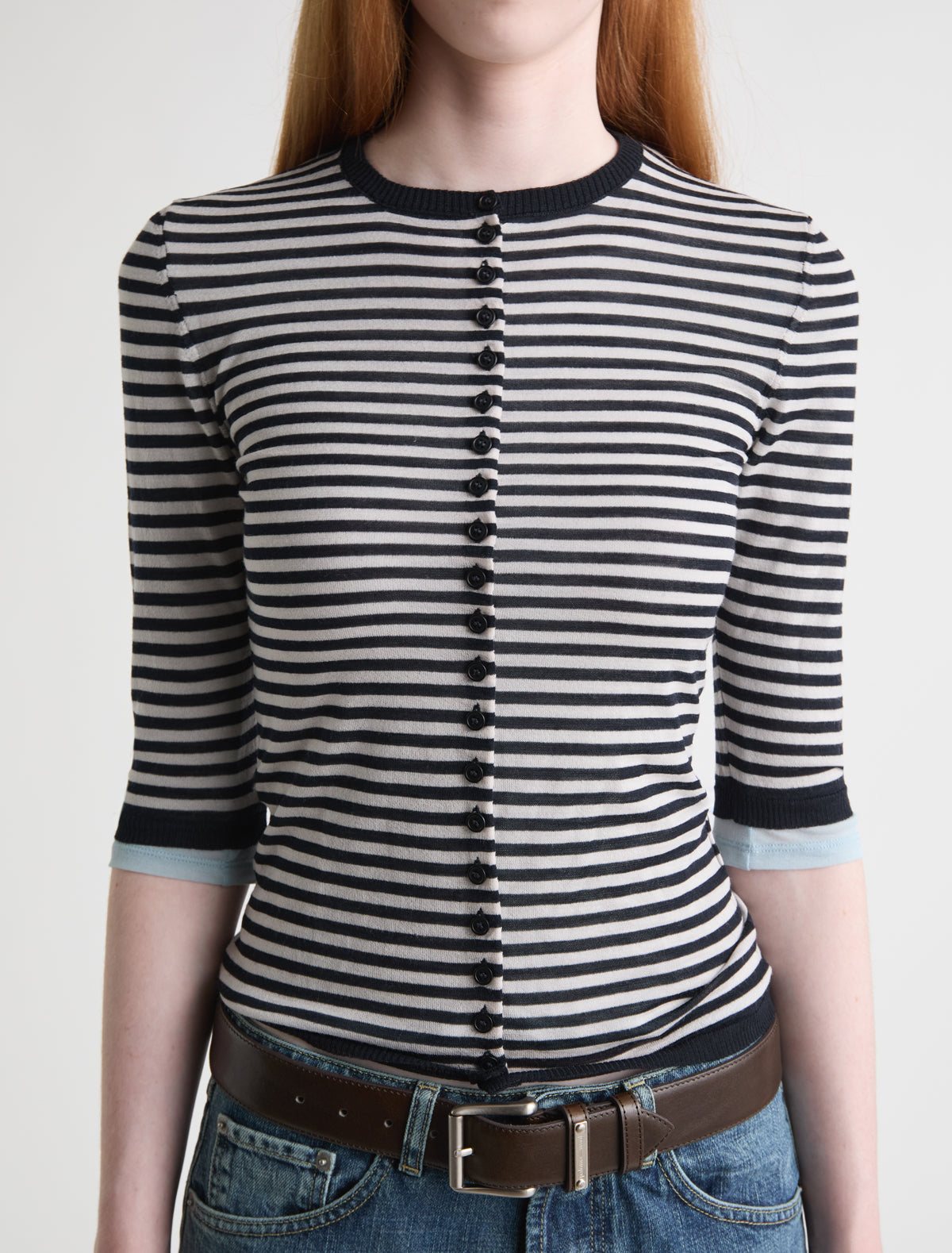 Balsam fitted striped cardigan button closure elbow length sleeves black