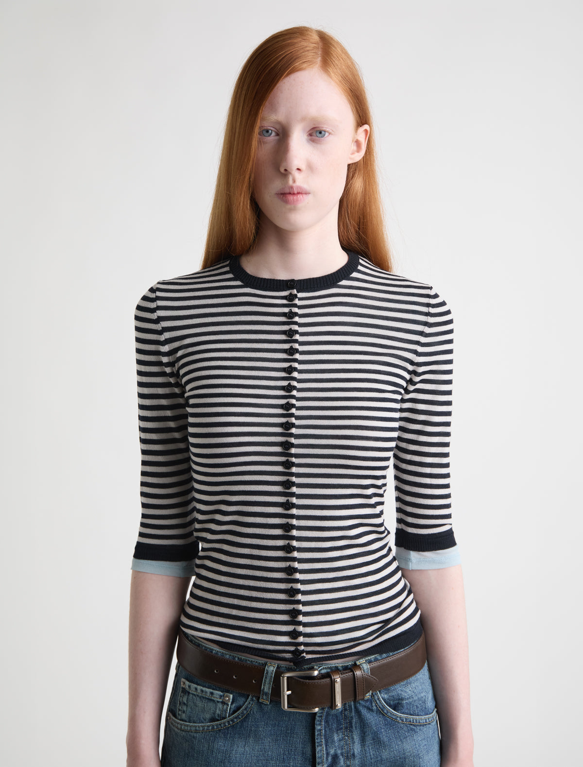 Balsam fitted striped cardigan button closure elbow length sleeves black