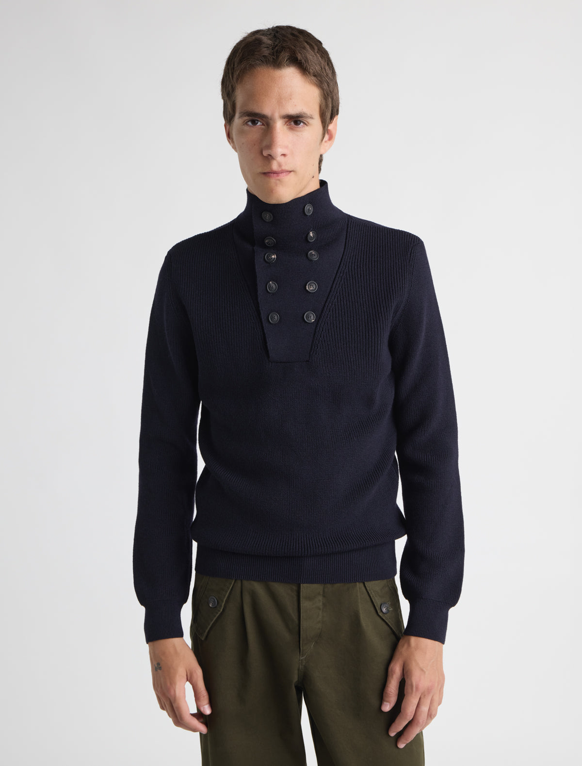 Milon b knitted high neck mens sweater button fastening navy 2