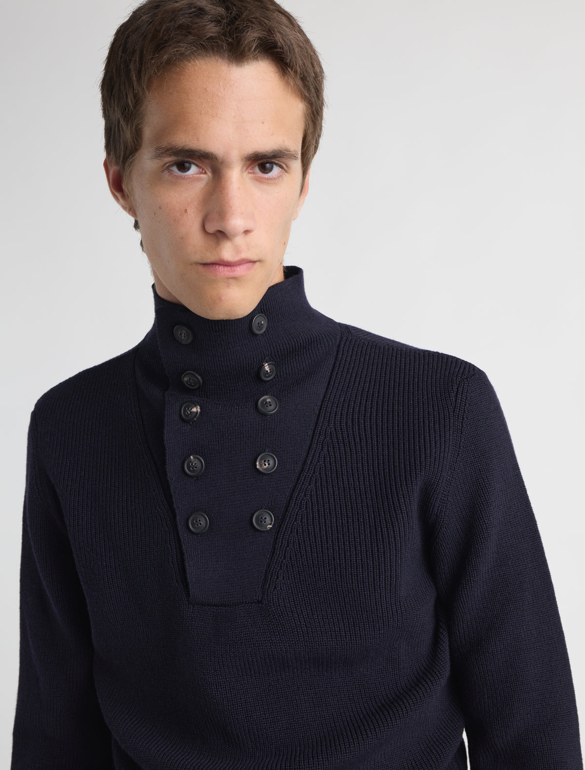 Milon b knitted high neck mens sweater button fastening navy 2