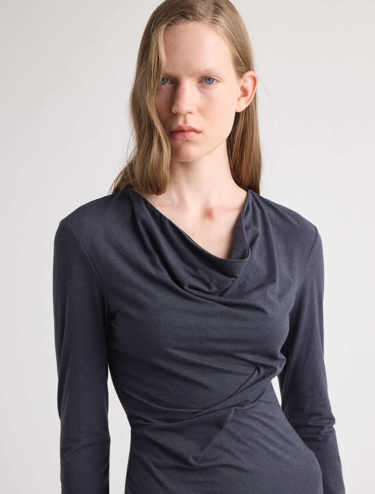 Junco long sleeve top draped neckline navy