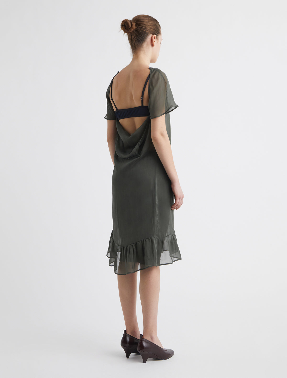 Lira dress midi dress short sleeves openings armholes ruffled hem darkgreen