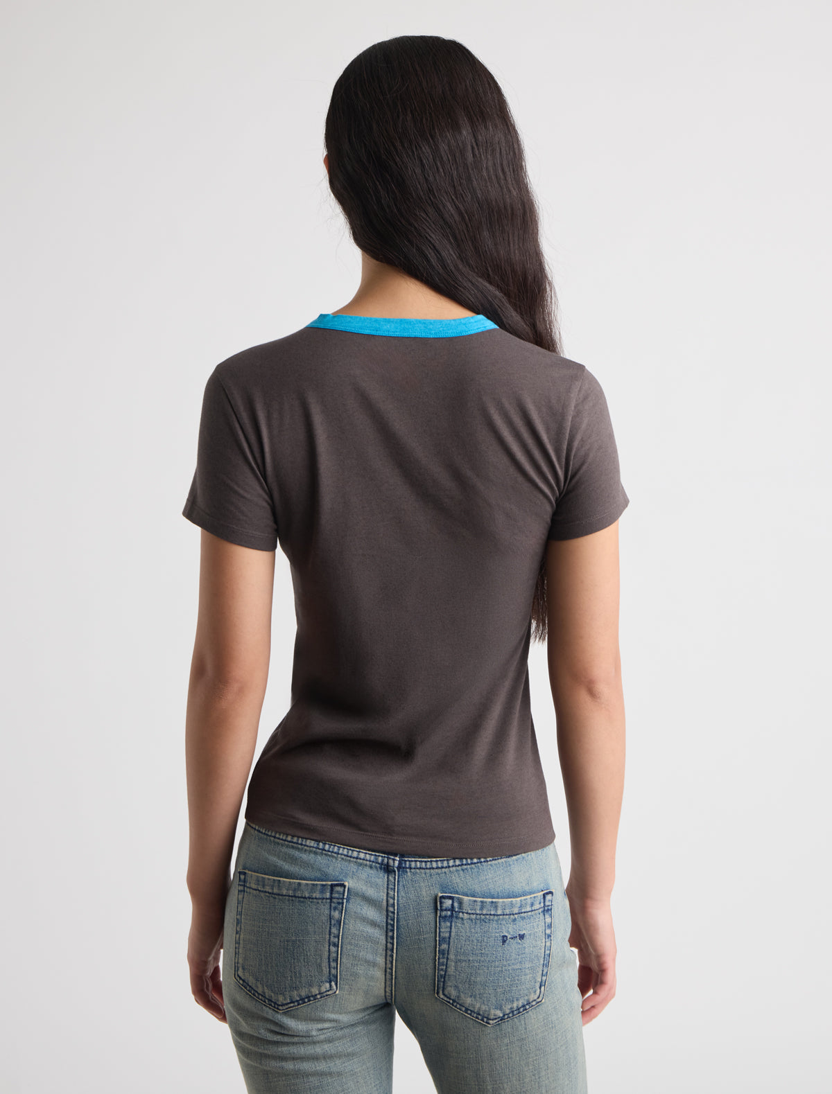Loreta short sleeve fitted cotton top button placket contrast piping darkgrey