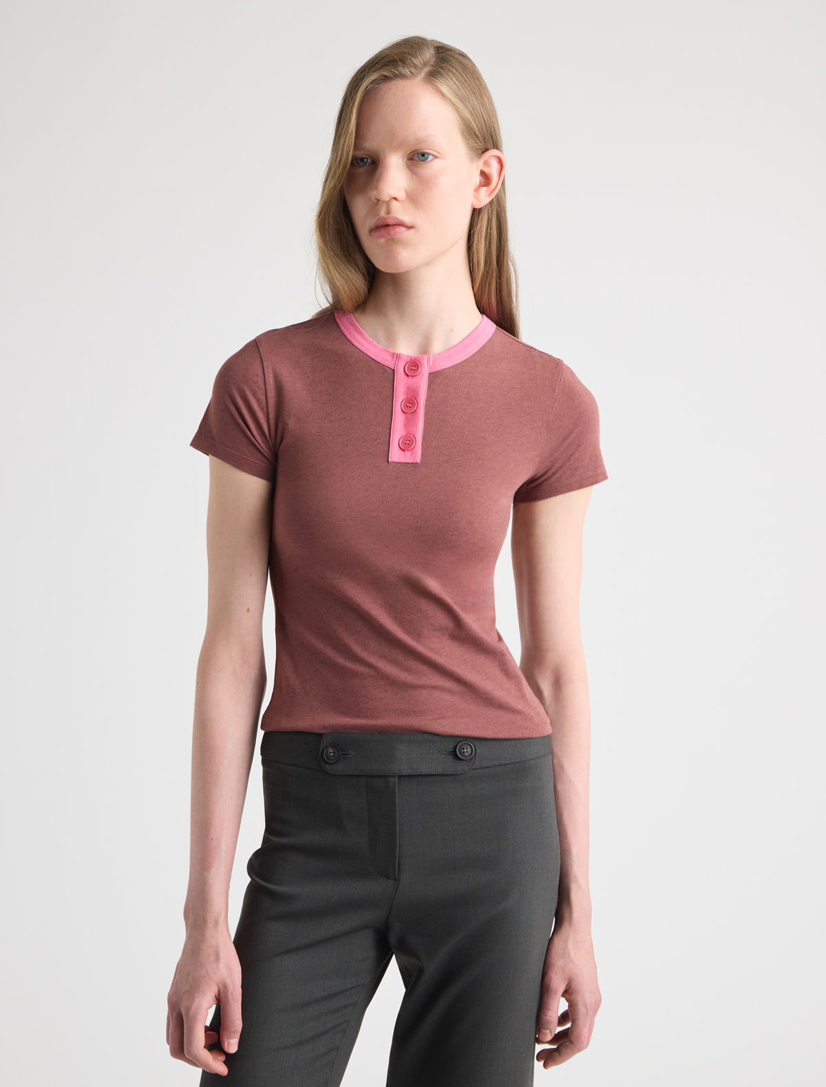 Loreta short sleeve fitted cotton top button placket contrast piping pink