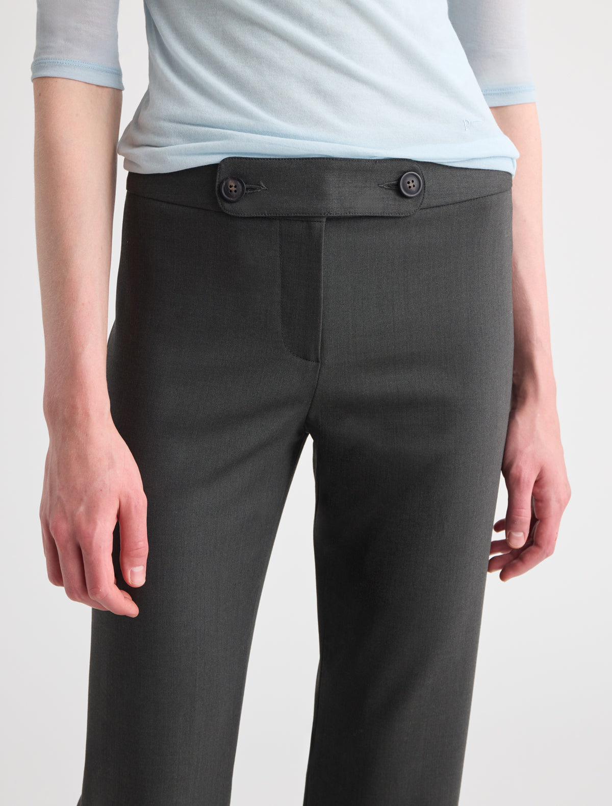 Manila straight leg trousers waistband detail contrast grosgrain tape