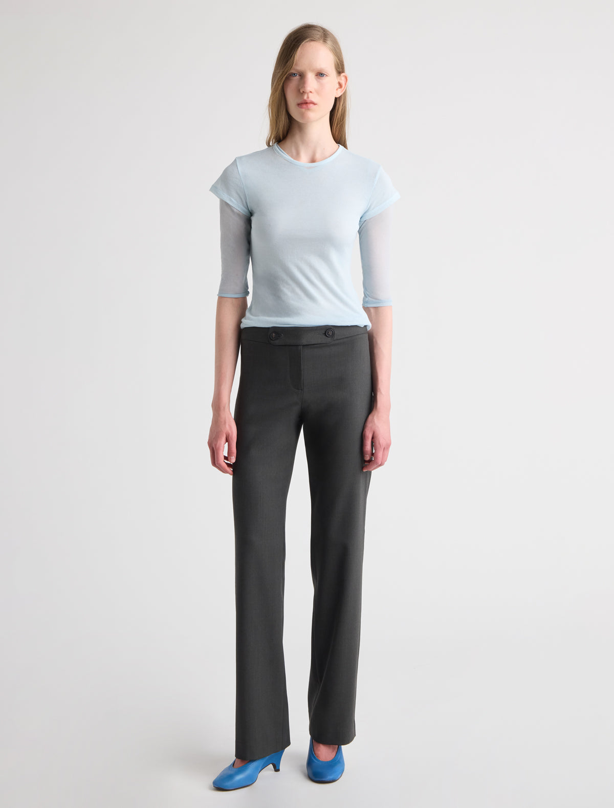 Manila straight leg trousers waistband detail contrast grosgrain tape