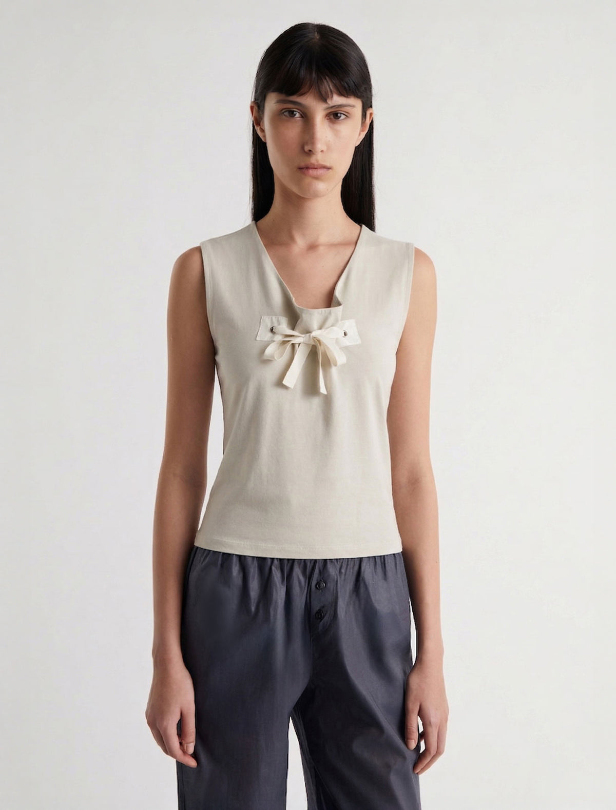 Manir sleeveless top chest patch eyelet adjustable strap ecru