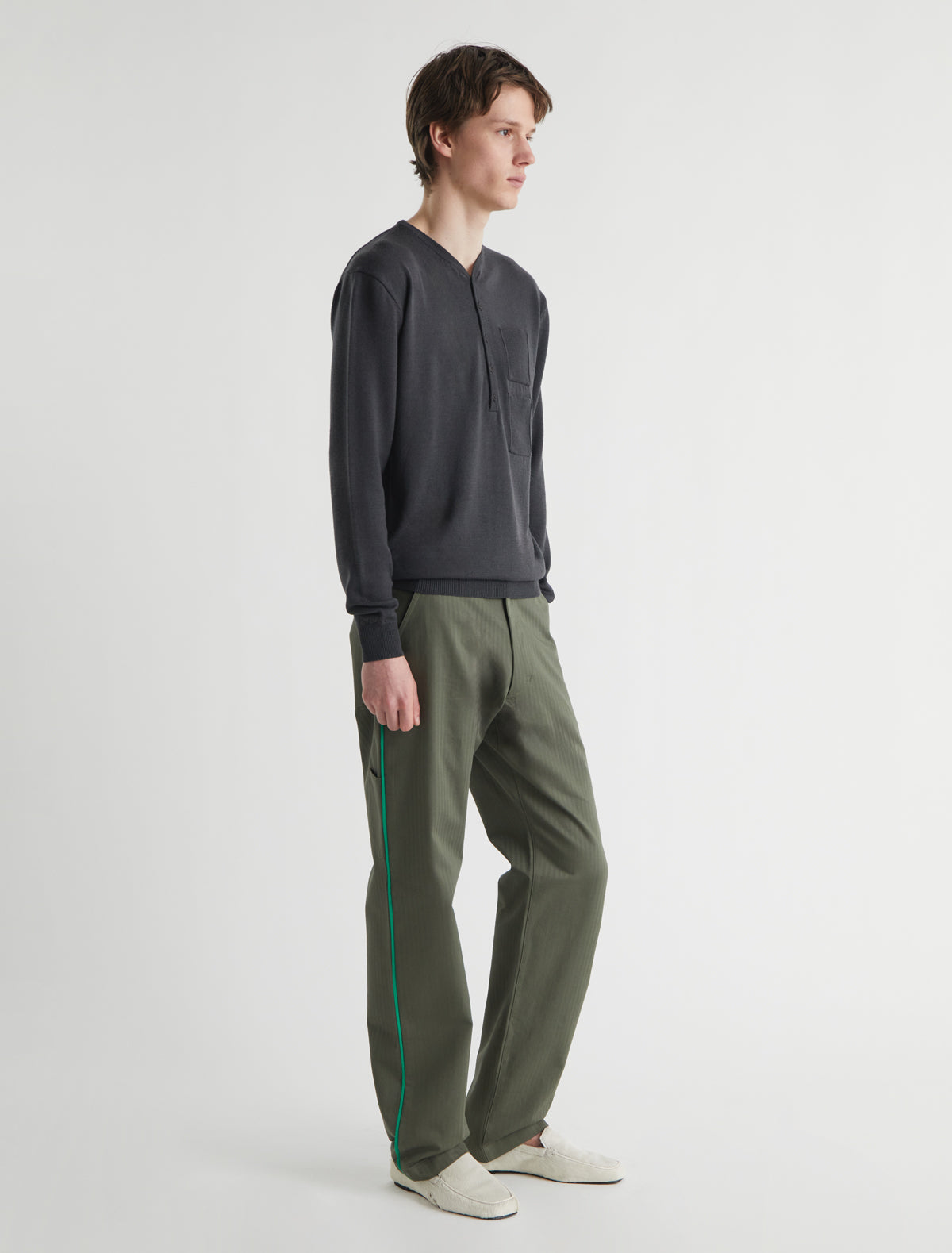 Mario v neck wool sweater front placket pocket detailing