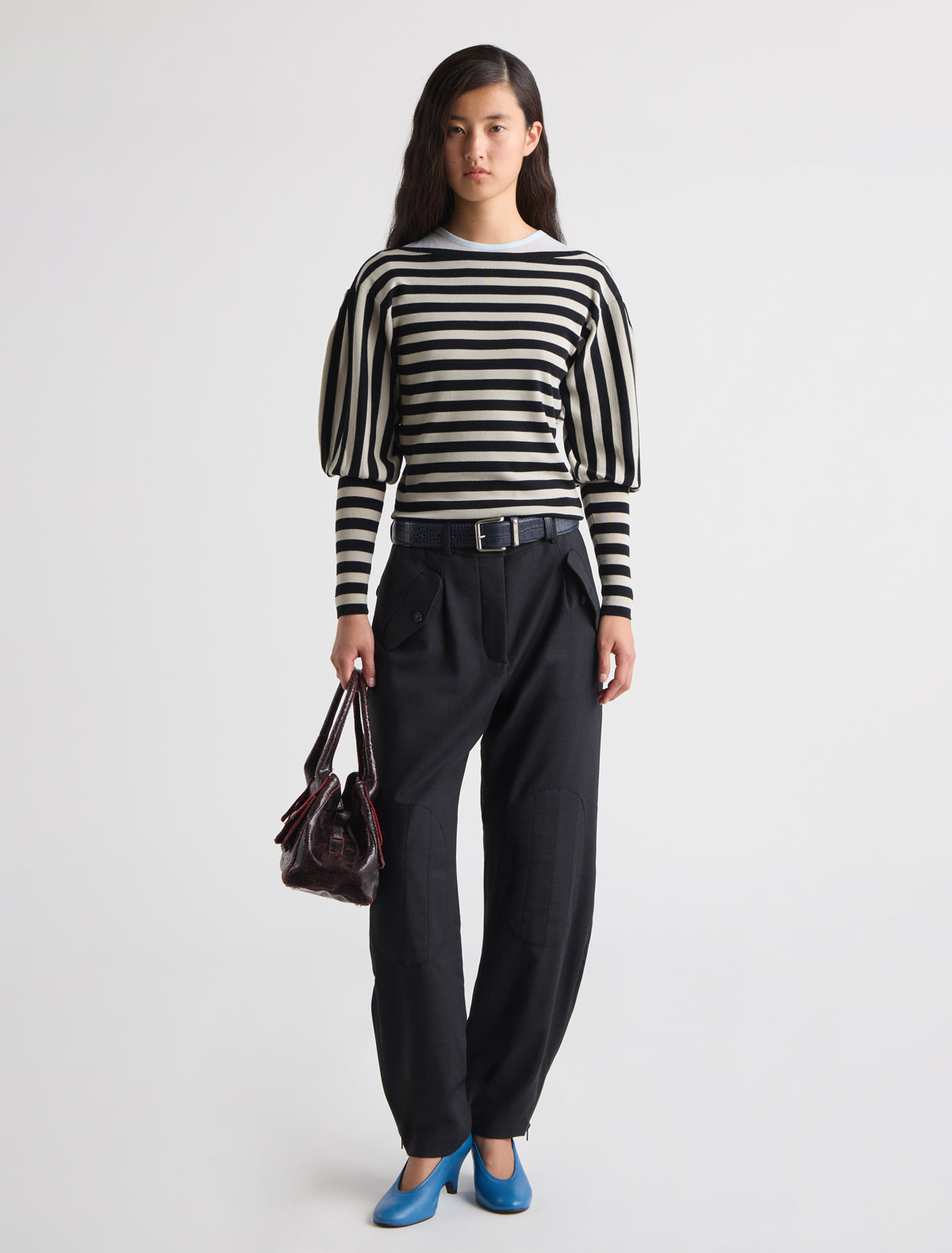 Marmol striped knitted top puff sleeves pleated detailing shoulders black