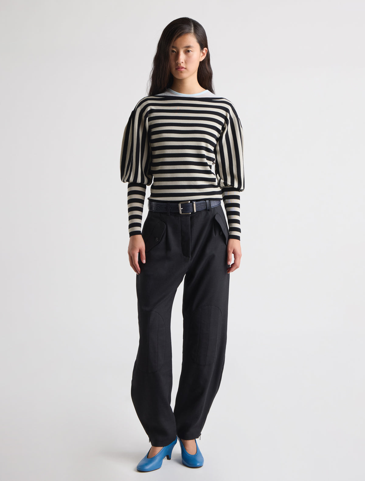 Marmol striped knitted top puff sleeves pleated detailing shoulders black