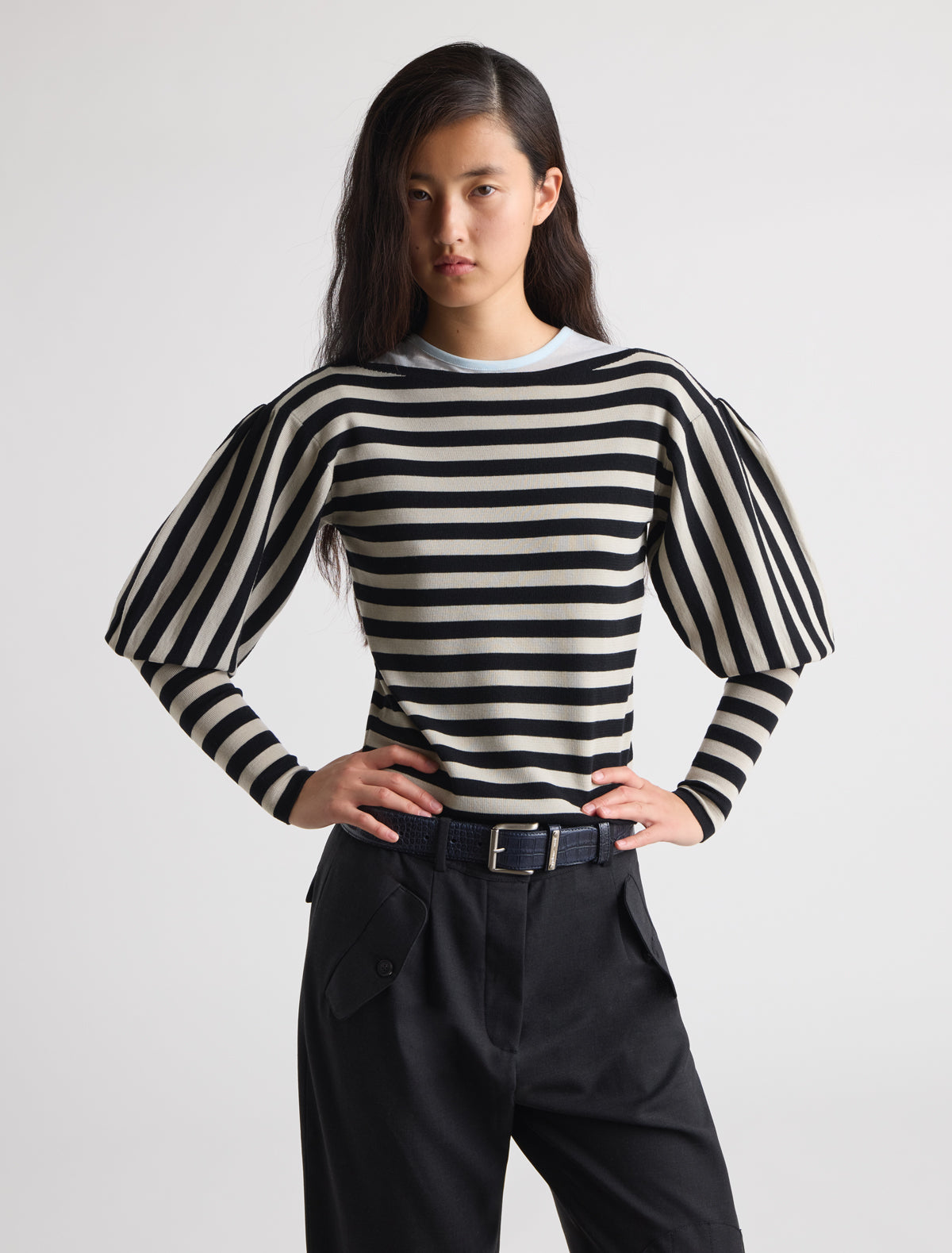 Marmol striped knitted top puff sleeves pleated detailing shoulders black