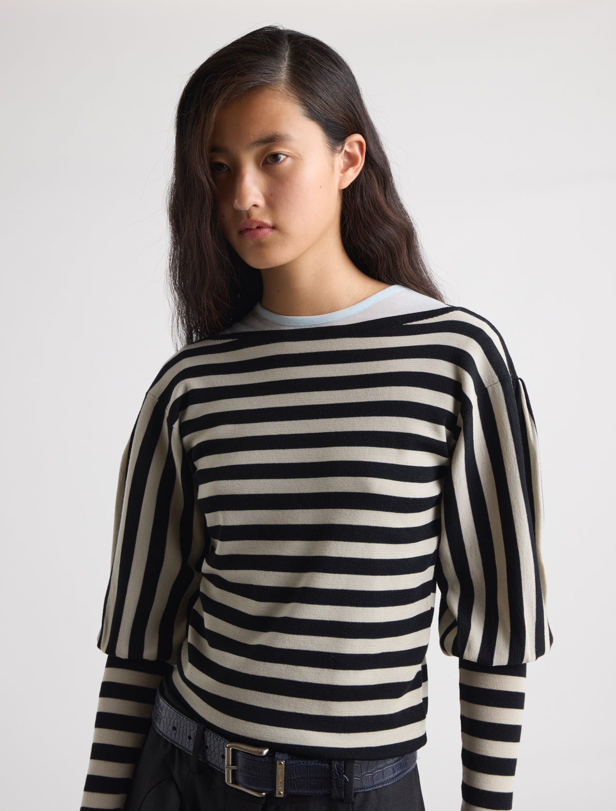 Marmol striped knitted top puff sleeves pleated detailing shoulders black