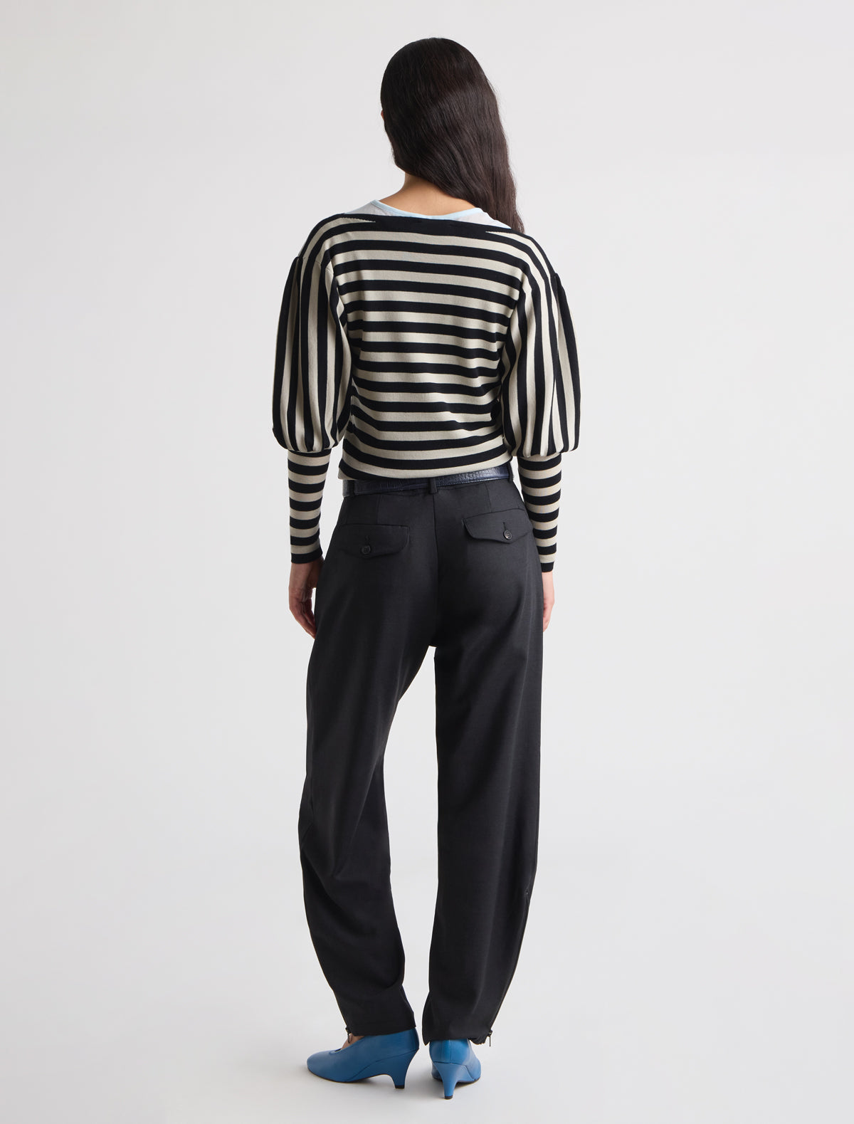 Marmol striped knitted top puff sleeves pleated detailing shoulders black