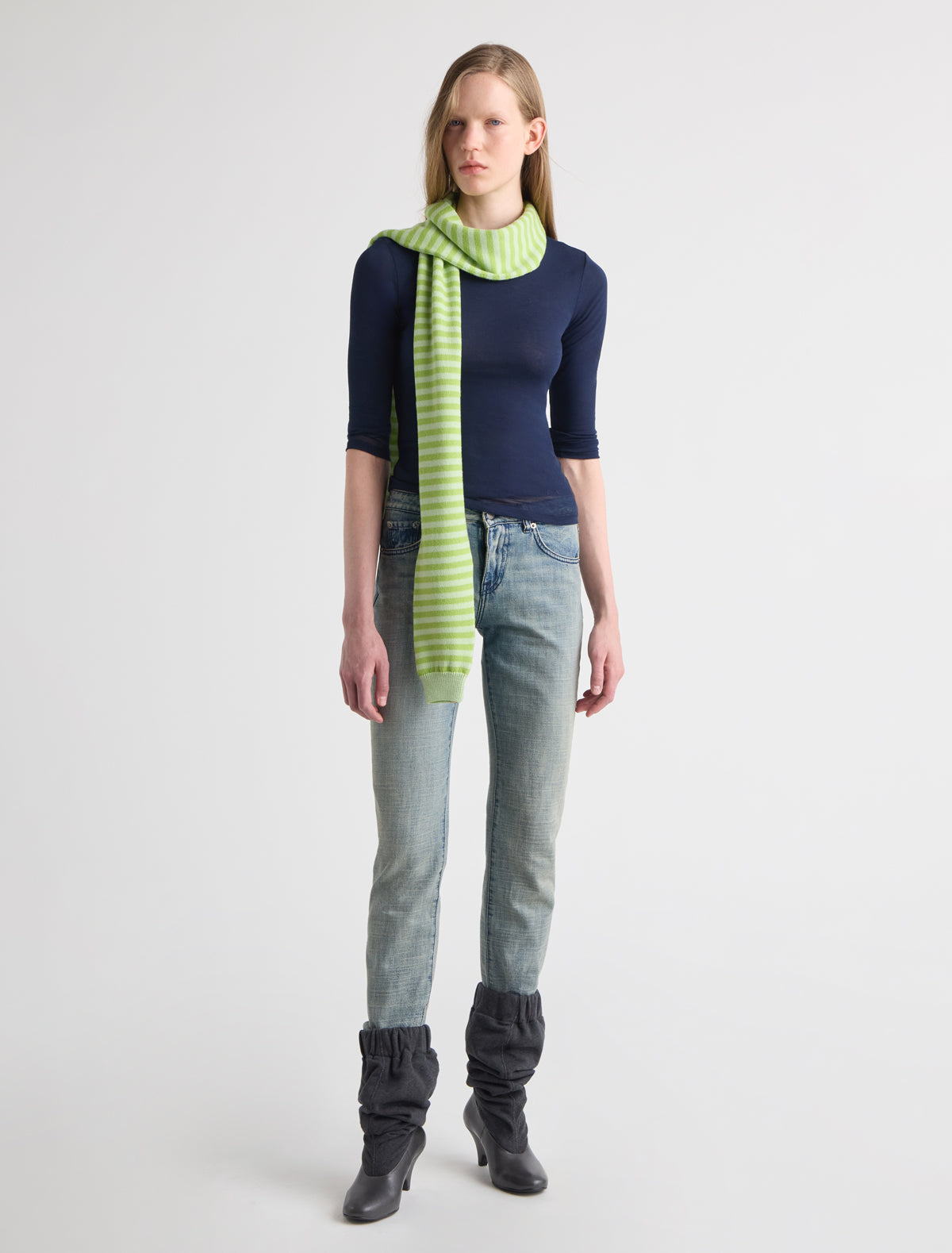 Bela striped scarf ribbed ends sleeve like effect green