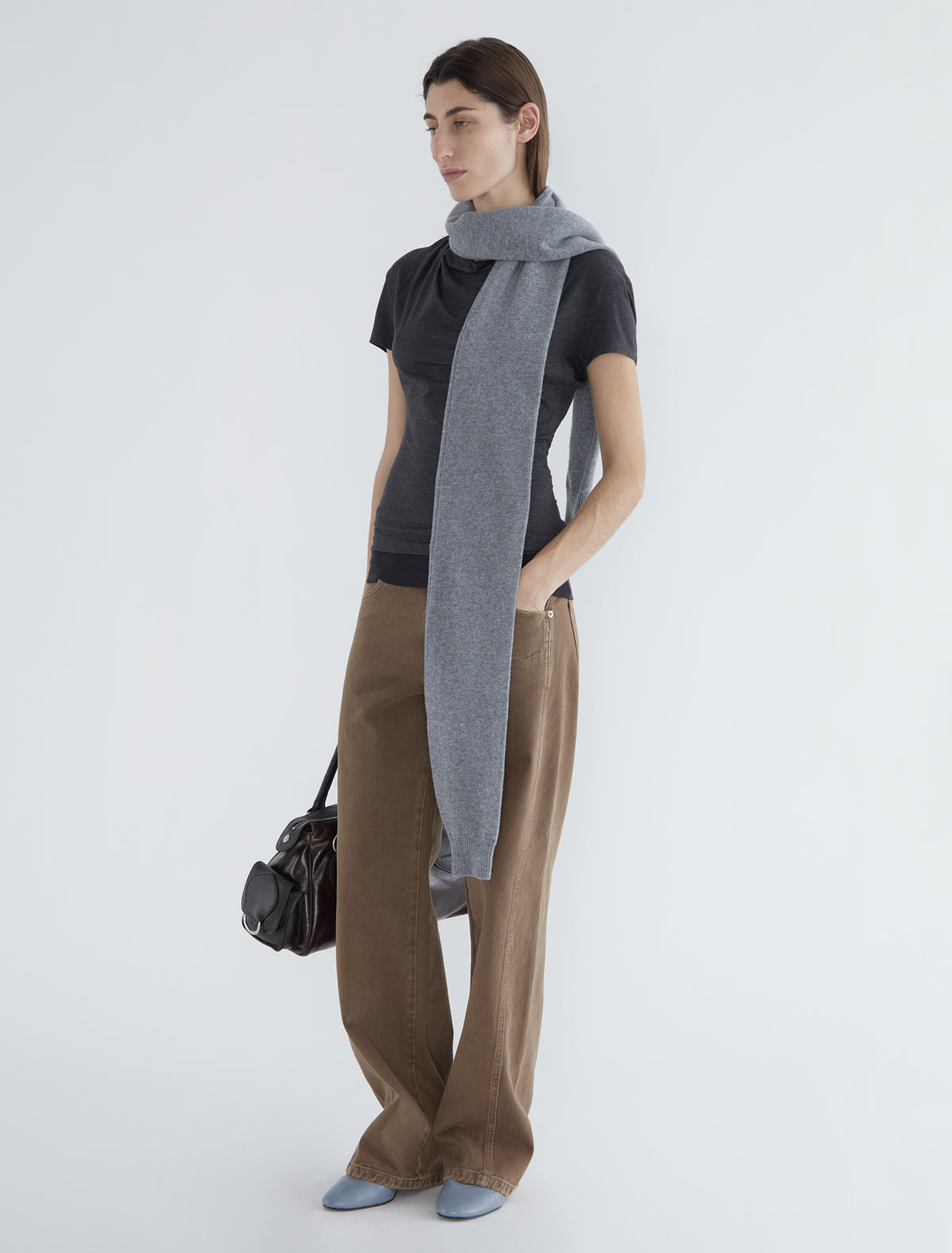 Raffa short sleeved top draped neckline ribbed hem grey
