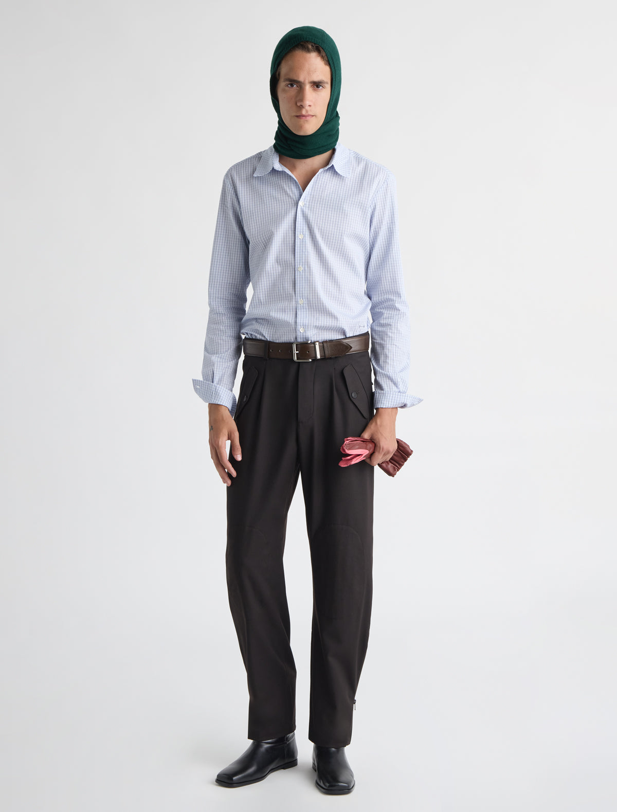 Figma b suit mens trousers rounded shape flap pockets stitched knee panels