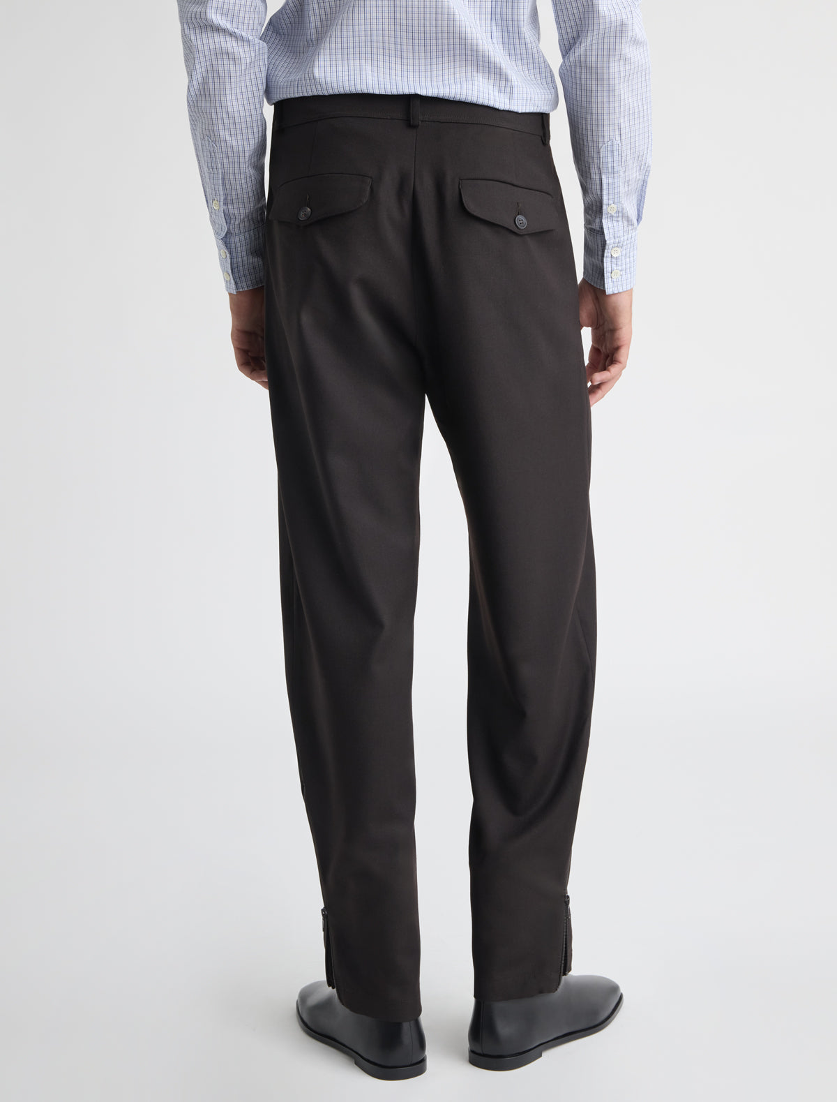 Figma b suit mens trousers rounded shape flap pockets stitched knee panels