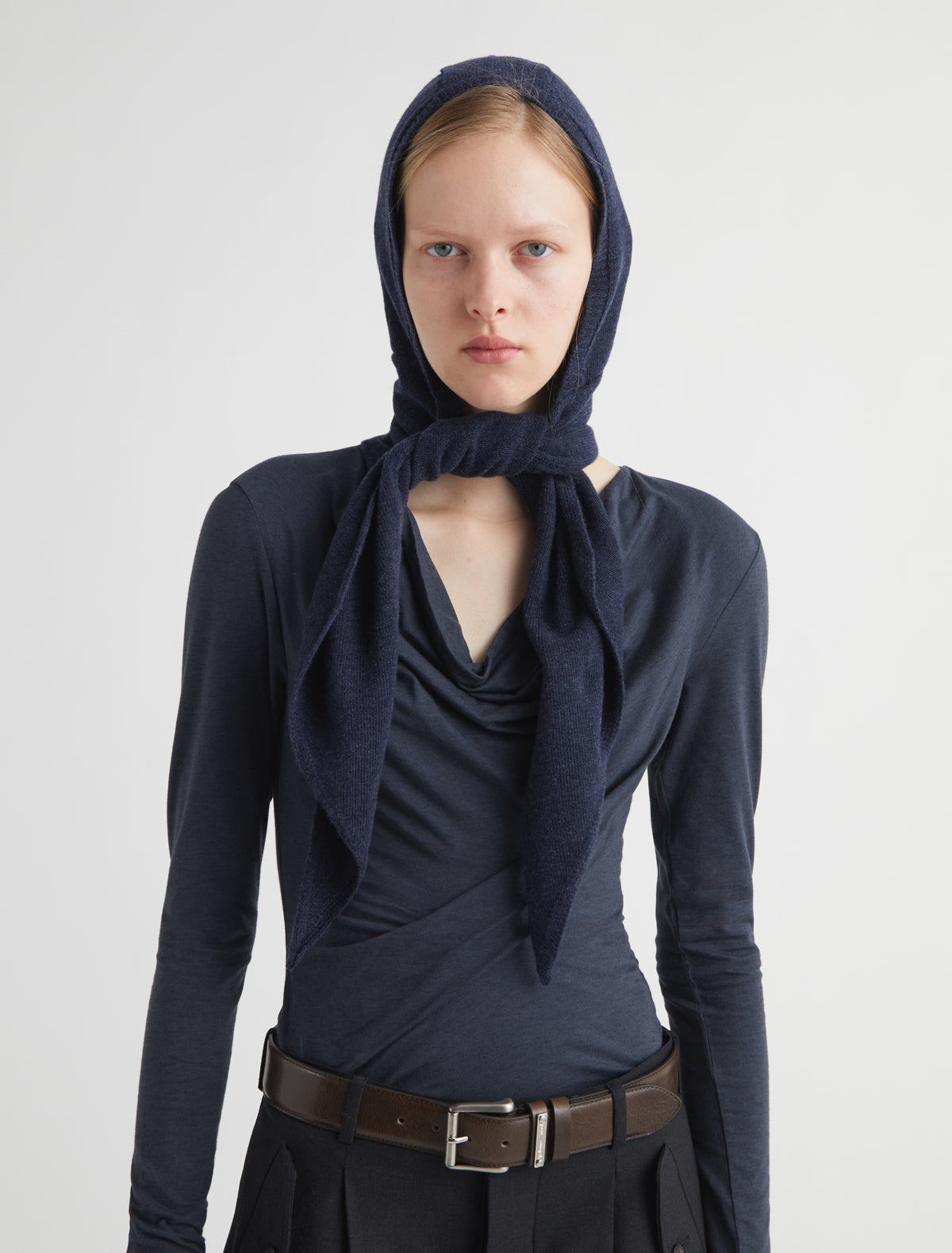 Coucou warm knitted bonnet wide tie scarf navy