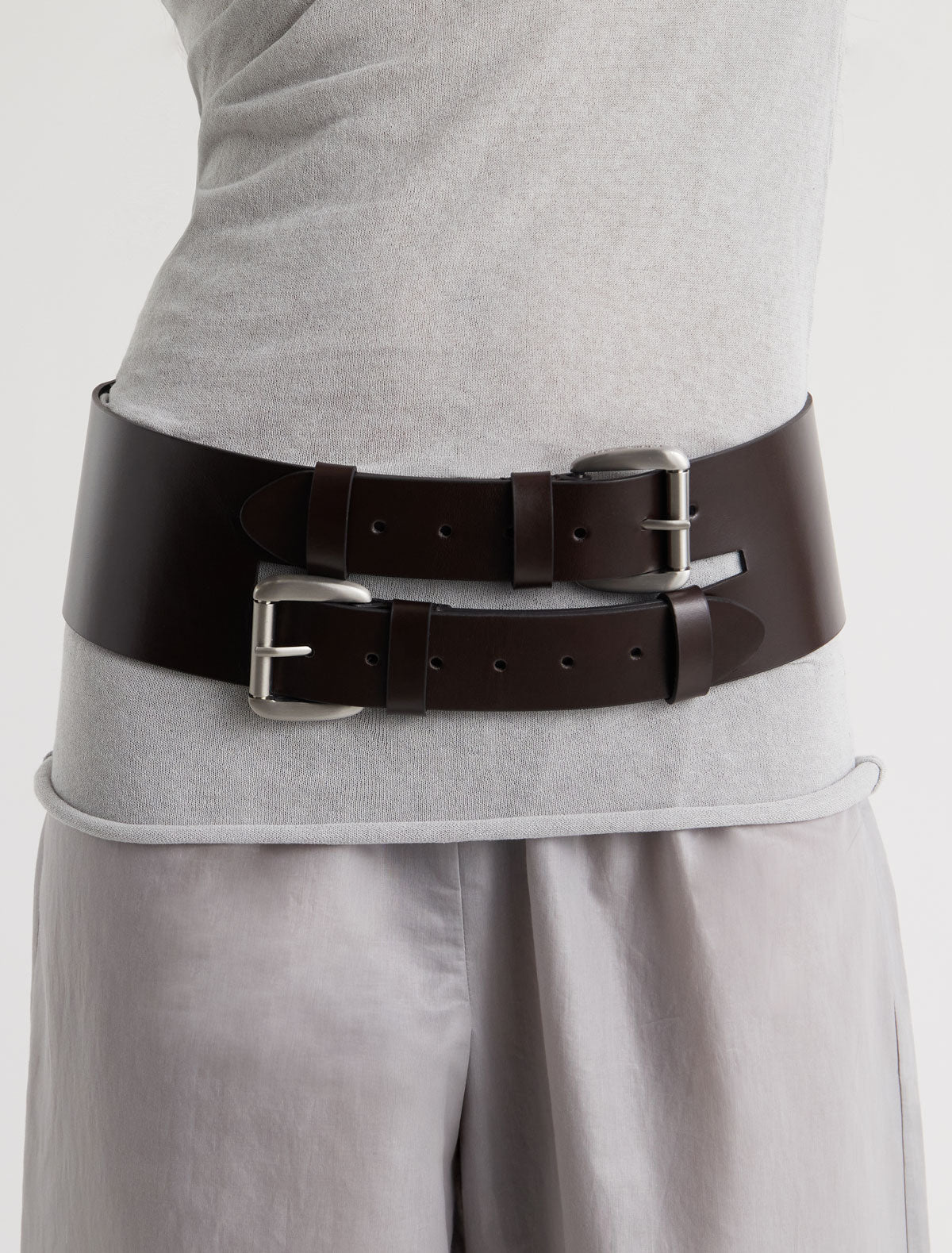 Penelope wide leather belt double buckle system darkbrown