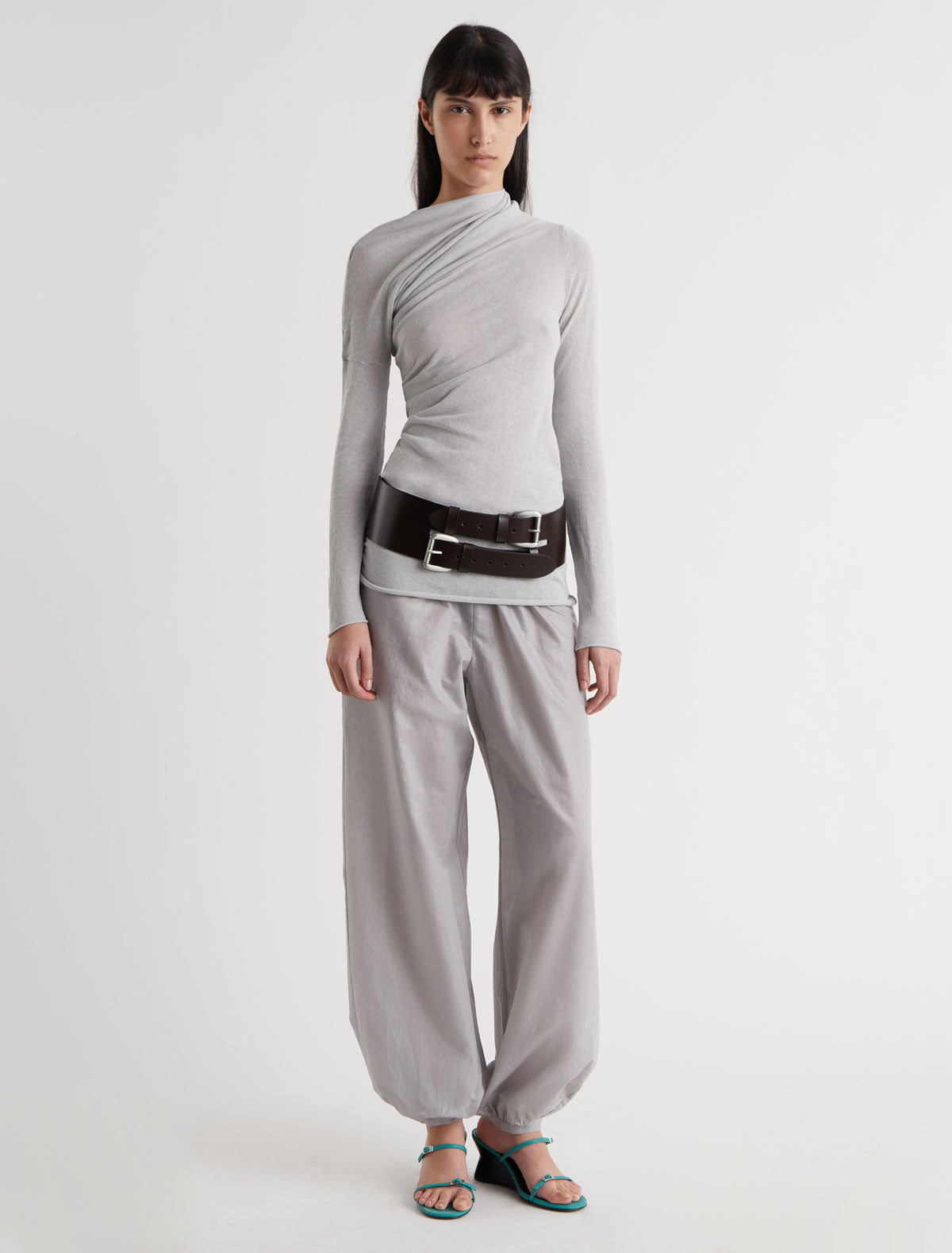 Penelope wide leather belt double buckle system darkbrown