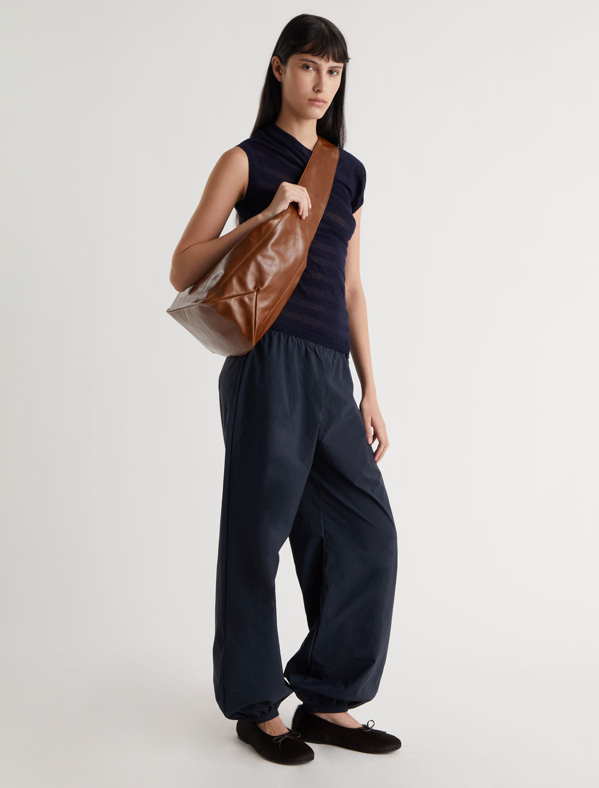 Raven asymmetric draped top striped effect knit navy