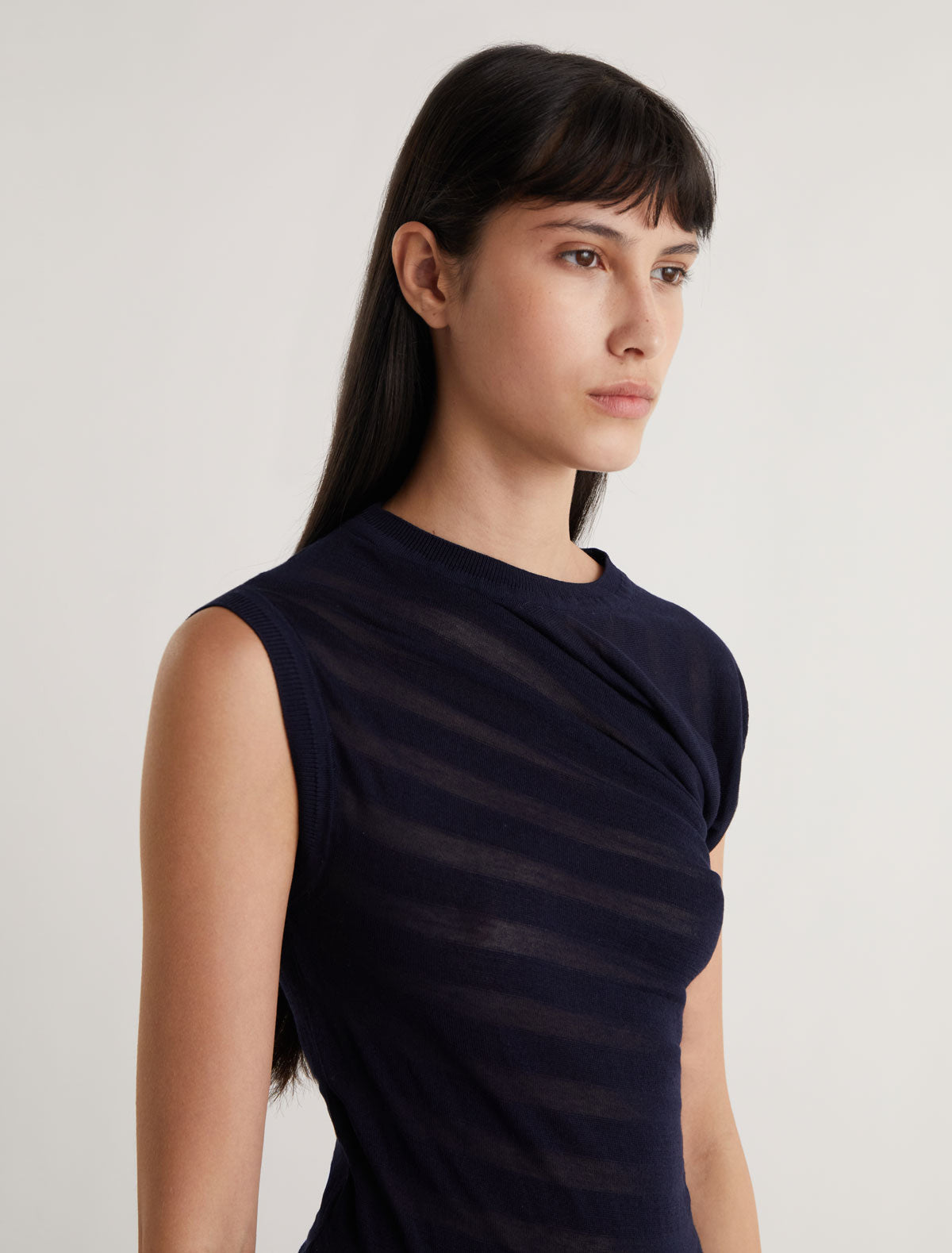 Raven asymmetric draped top striped effect knit navy