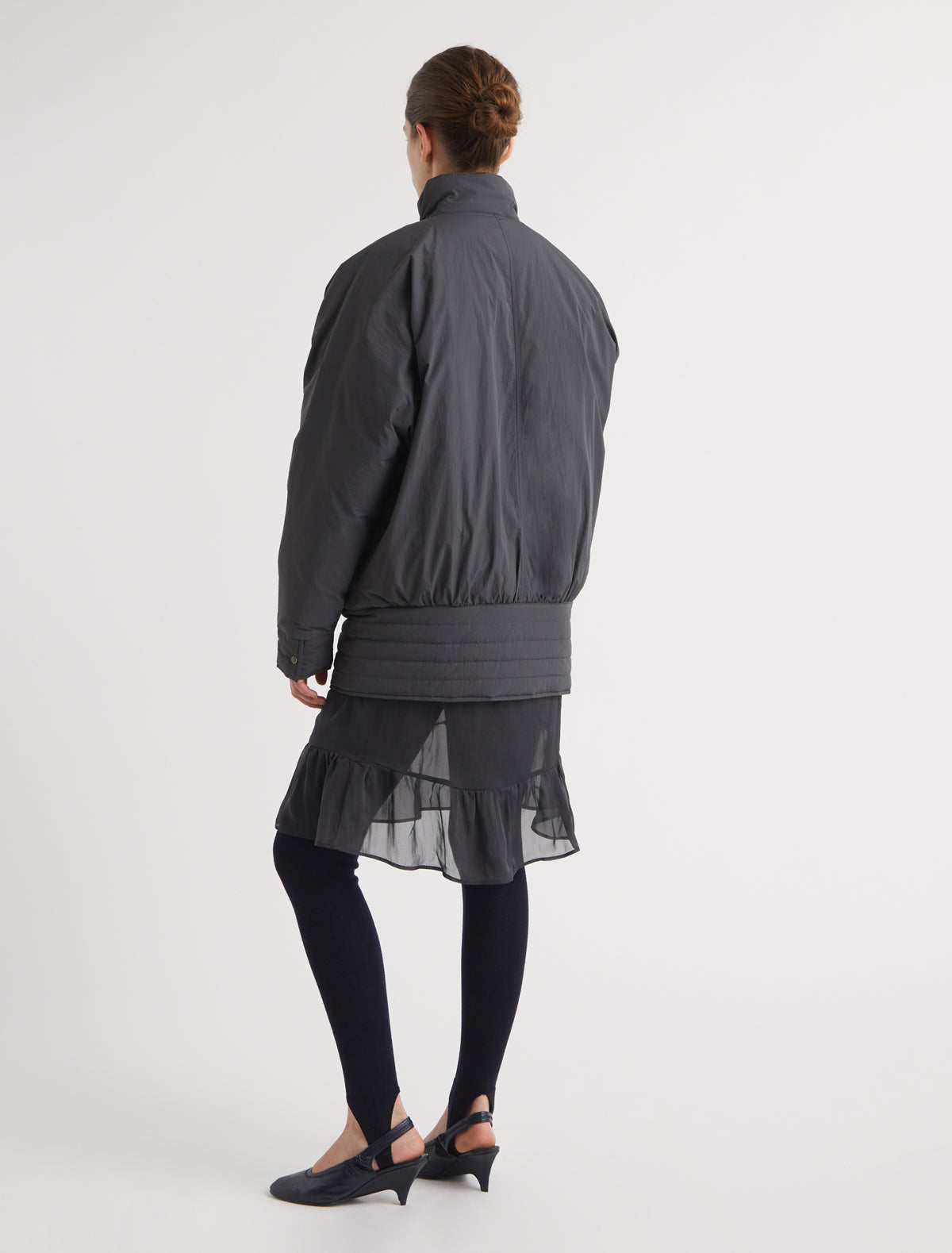 Riama mid length puffer jacket dropped hip shape kimono style sleeves grey