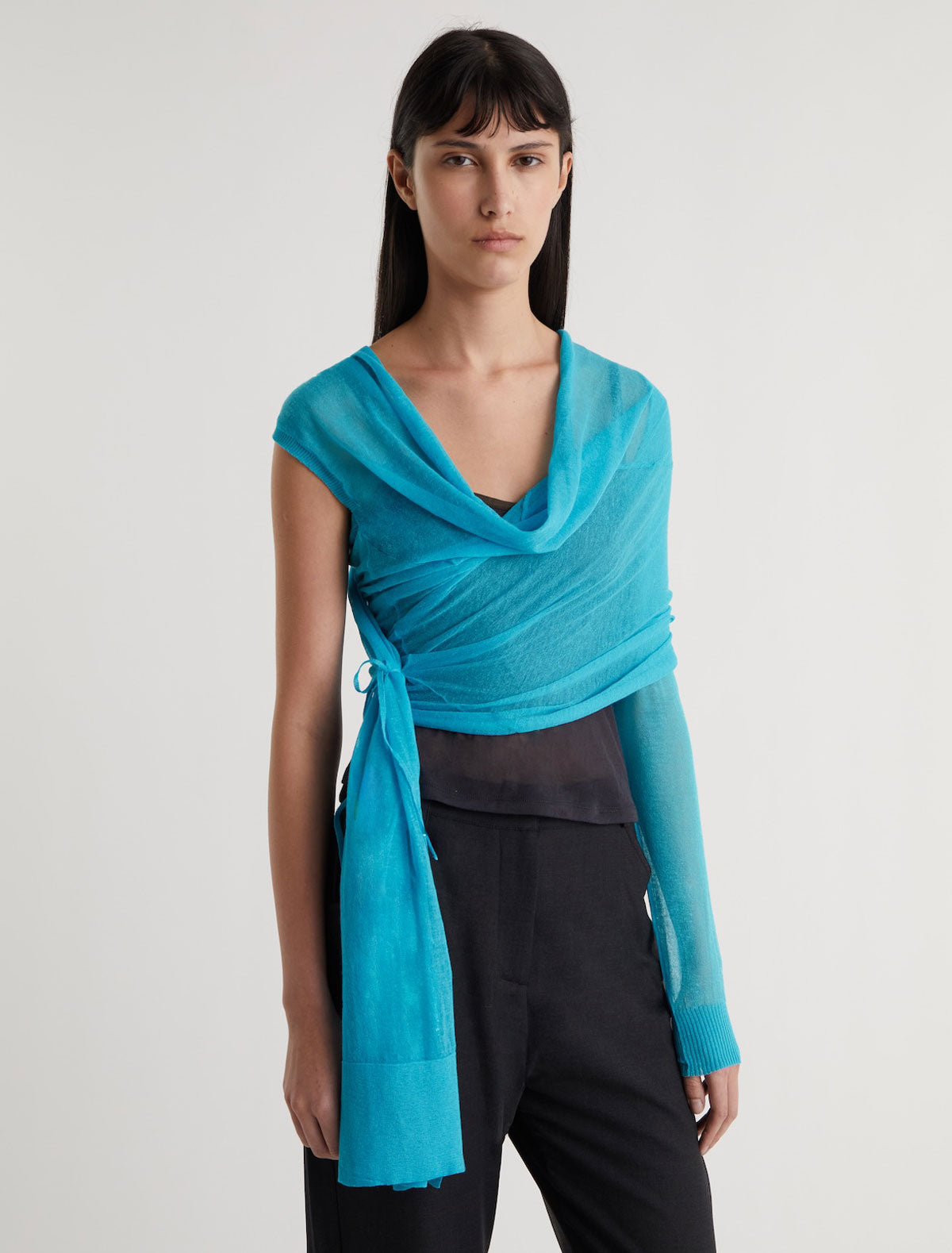 Samira wrap style knit top asymmetric design blue