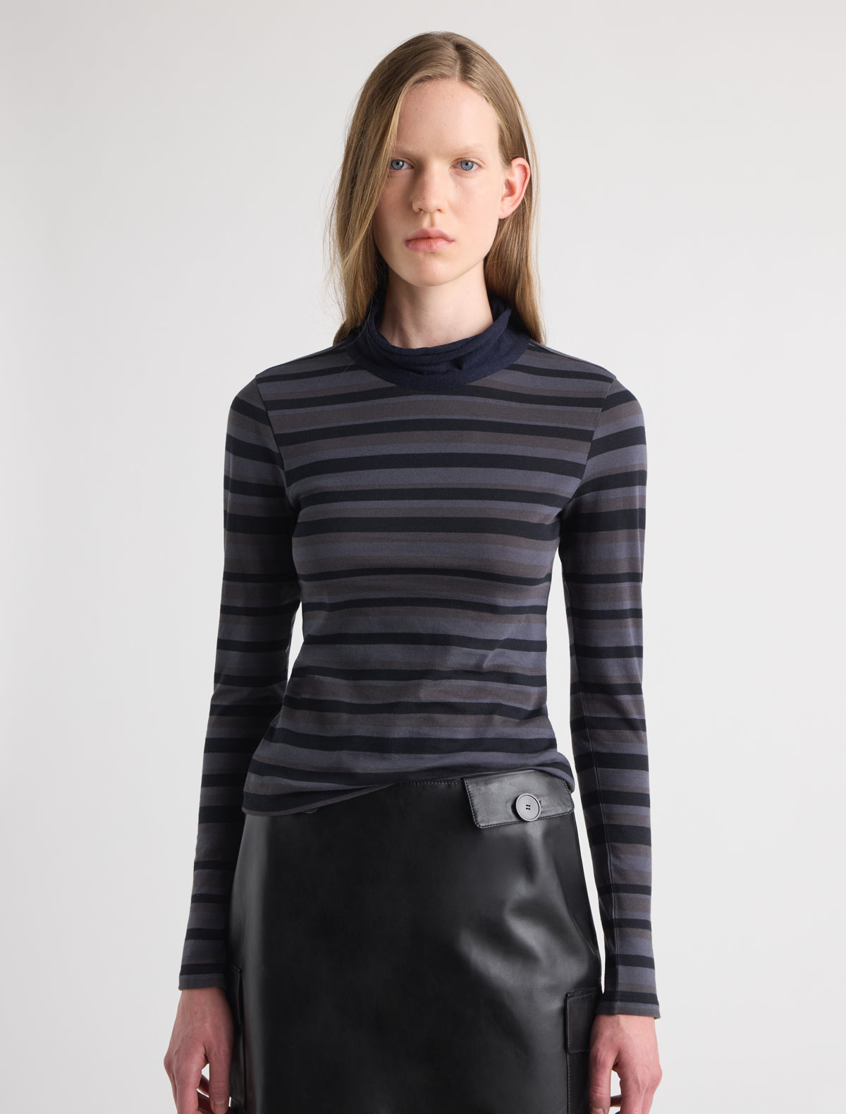 Sena striped long sleeve cotton top high knitted collar