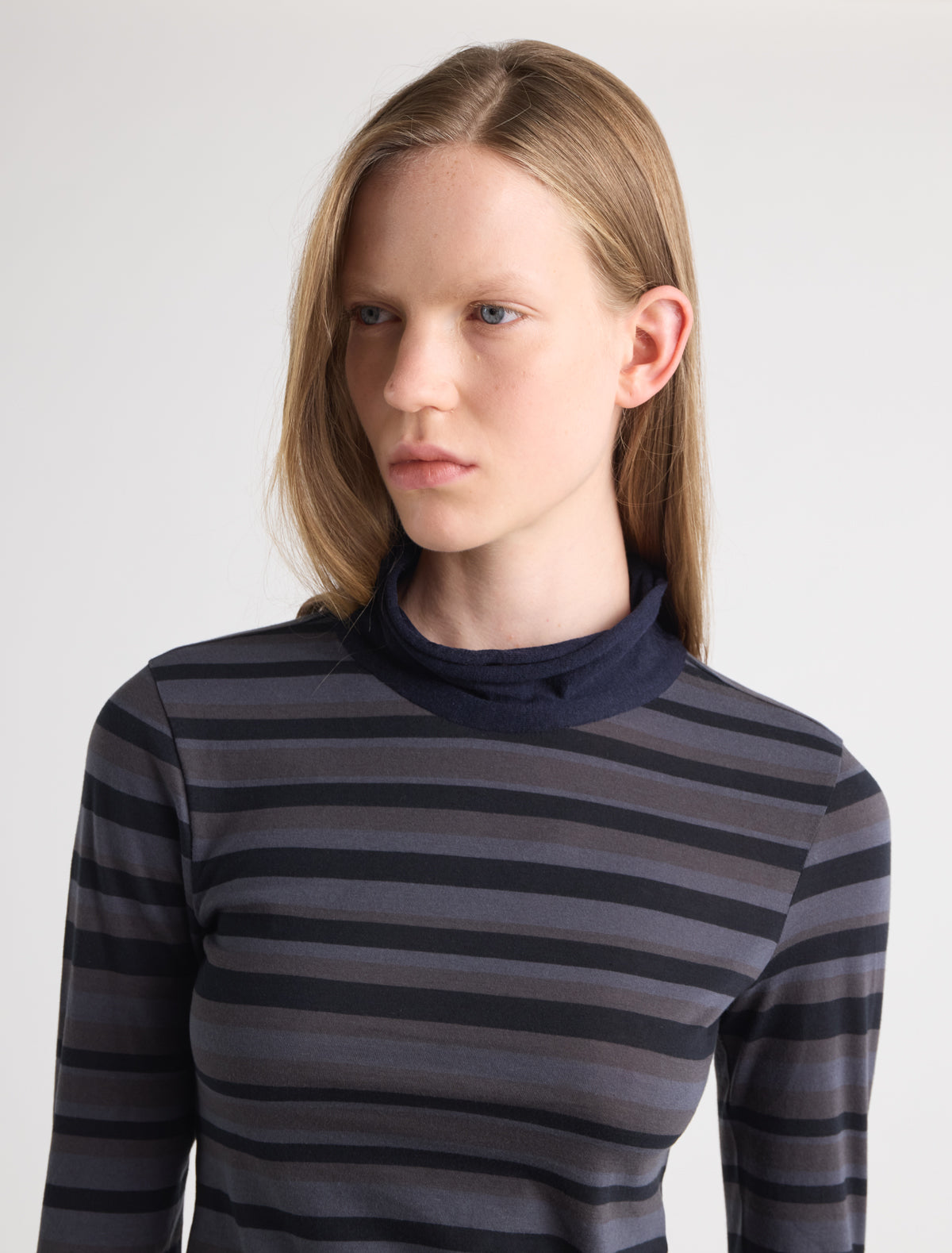 Sena striped long sleeve cotton top high knitted collar