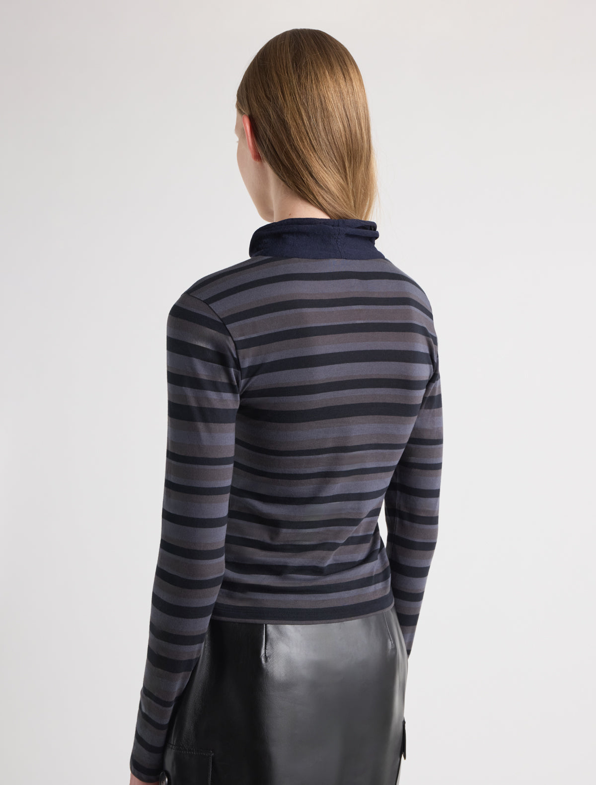 Sena striped long sleeve cotton top high knitted collar