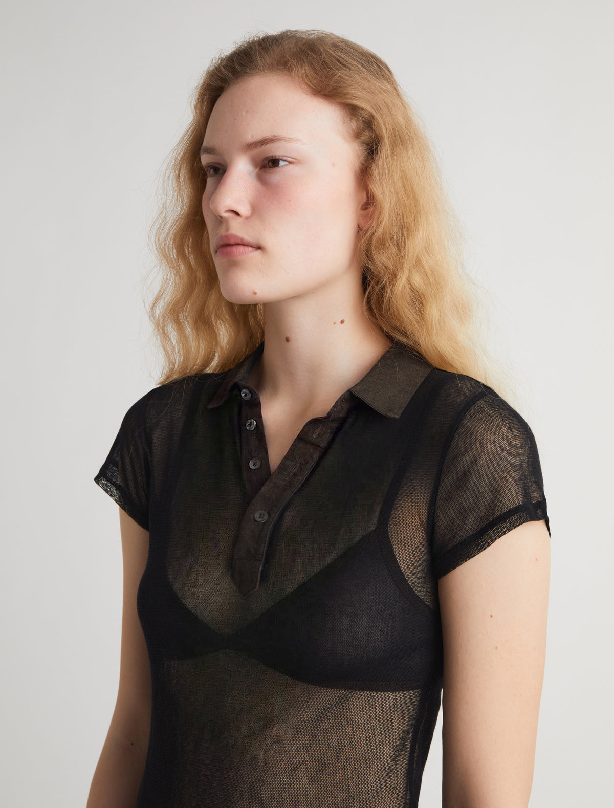 Sile ii short sleeve tulle top shirt collar linen placket black