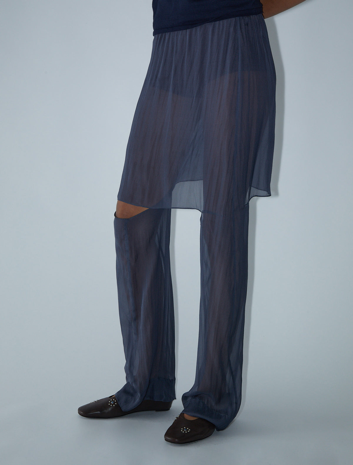 Silk simonetta flowy silk skirt hem opening pants navy