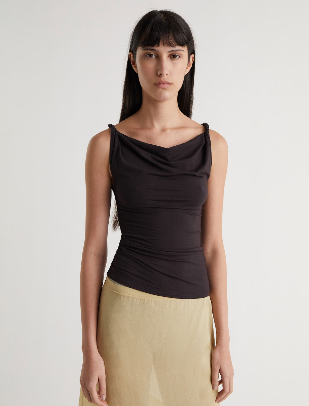 Simp sleeveless top twisted shoulder details brown