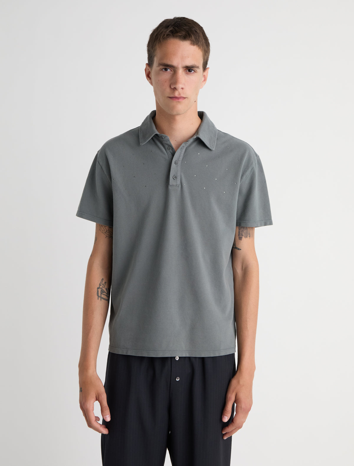Strip short sleeve pique polo strass detailing upper body lightkhaki