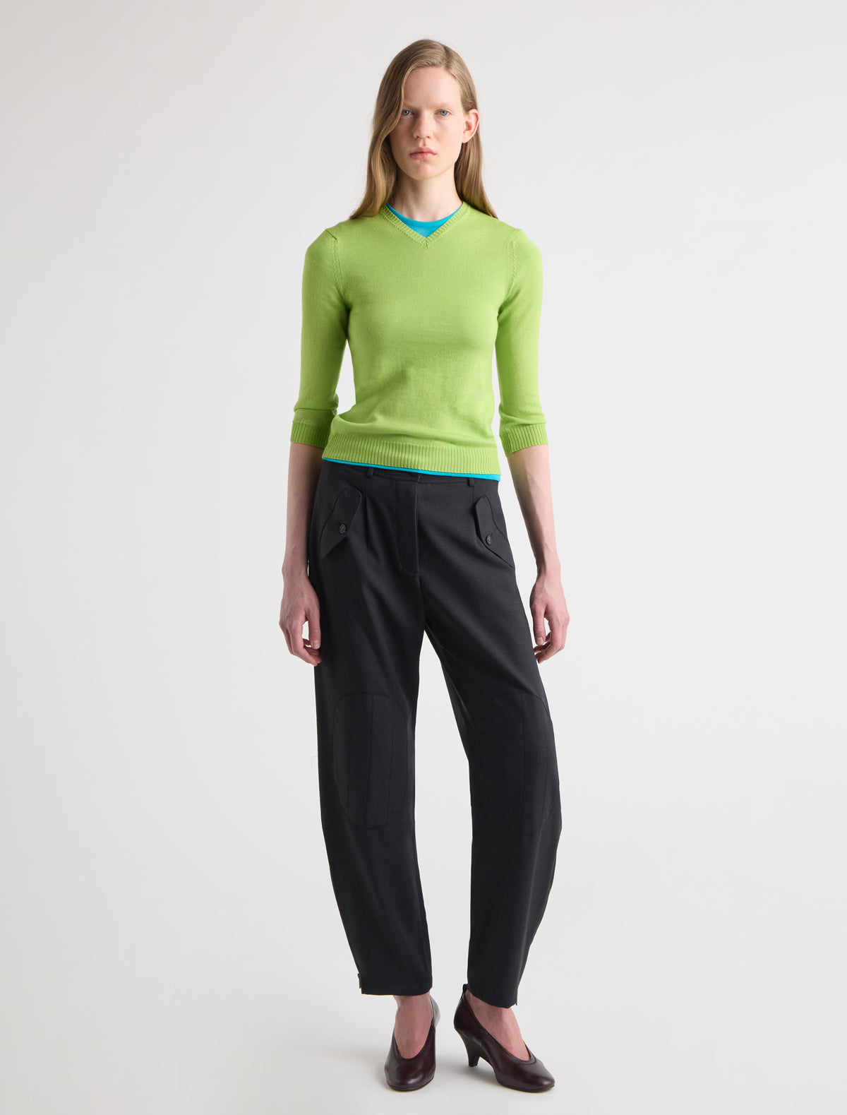 Tilsa v neck knitted sweater sleeves below elbow p w embroidery green