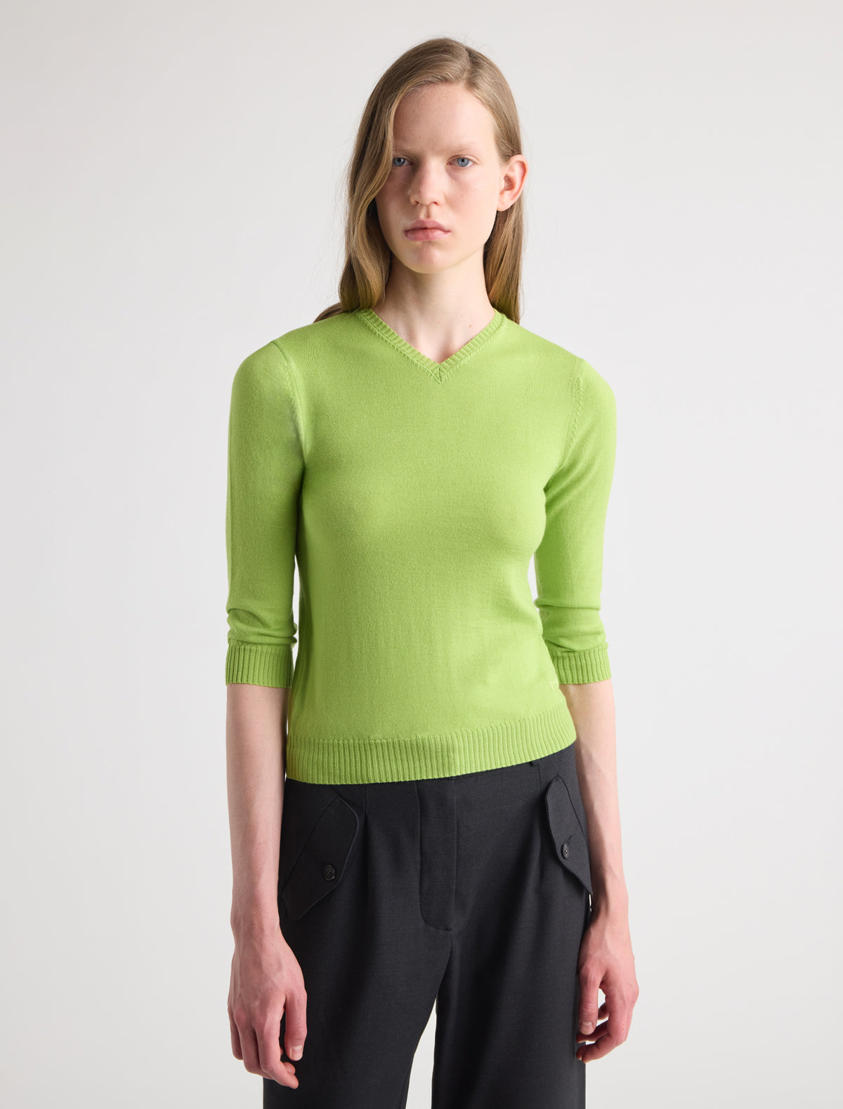Tilsa v neck knitted sweater sleeves below elbow p w embroidery green