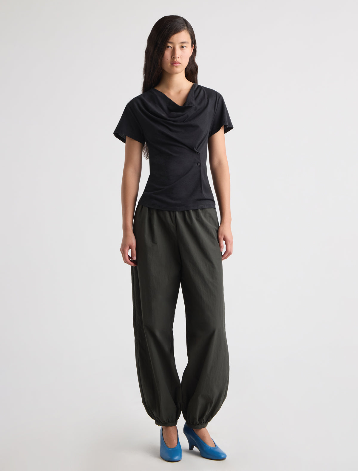 Hazzard short sleeved top draped neckline waist buttons black