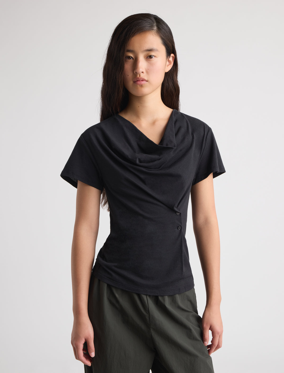 Hazzard short sleeved top draped neckline waist buttons black