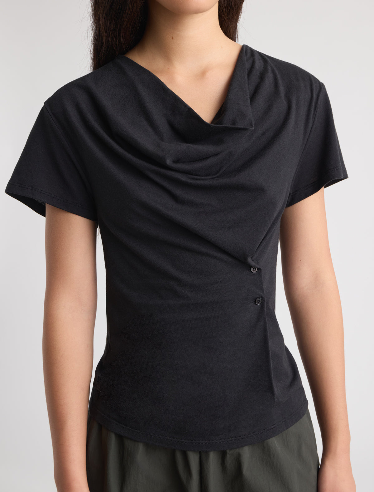 Hazzard short sleeved top draped neckline waist buttons black