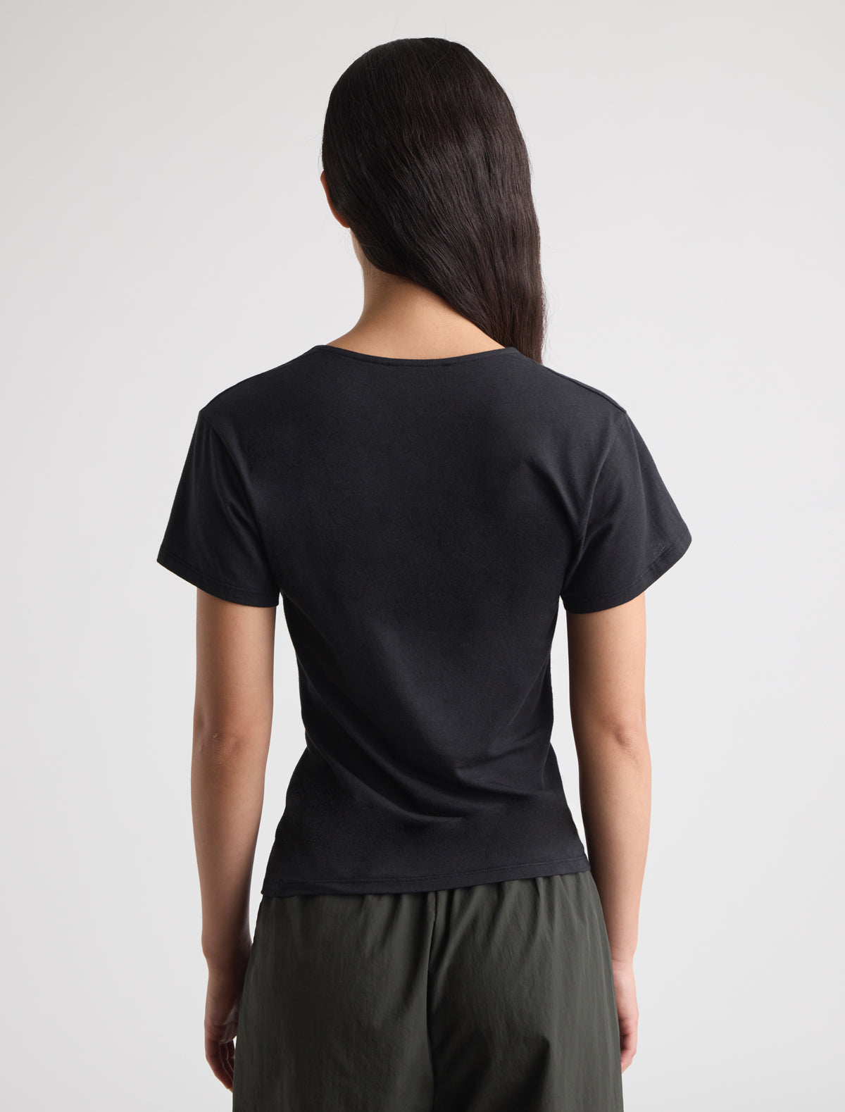 Hazzard short sleeved top draped neckline waist buttons black