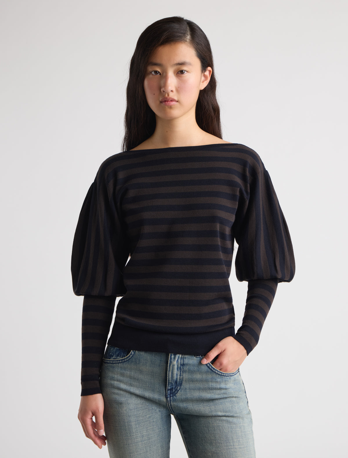 Marmol striped knitted top puff sleeves pleated detailing shoulders navy
