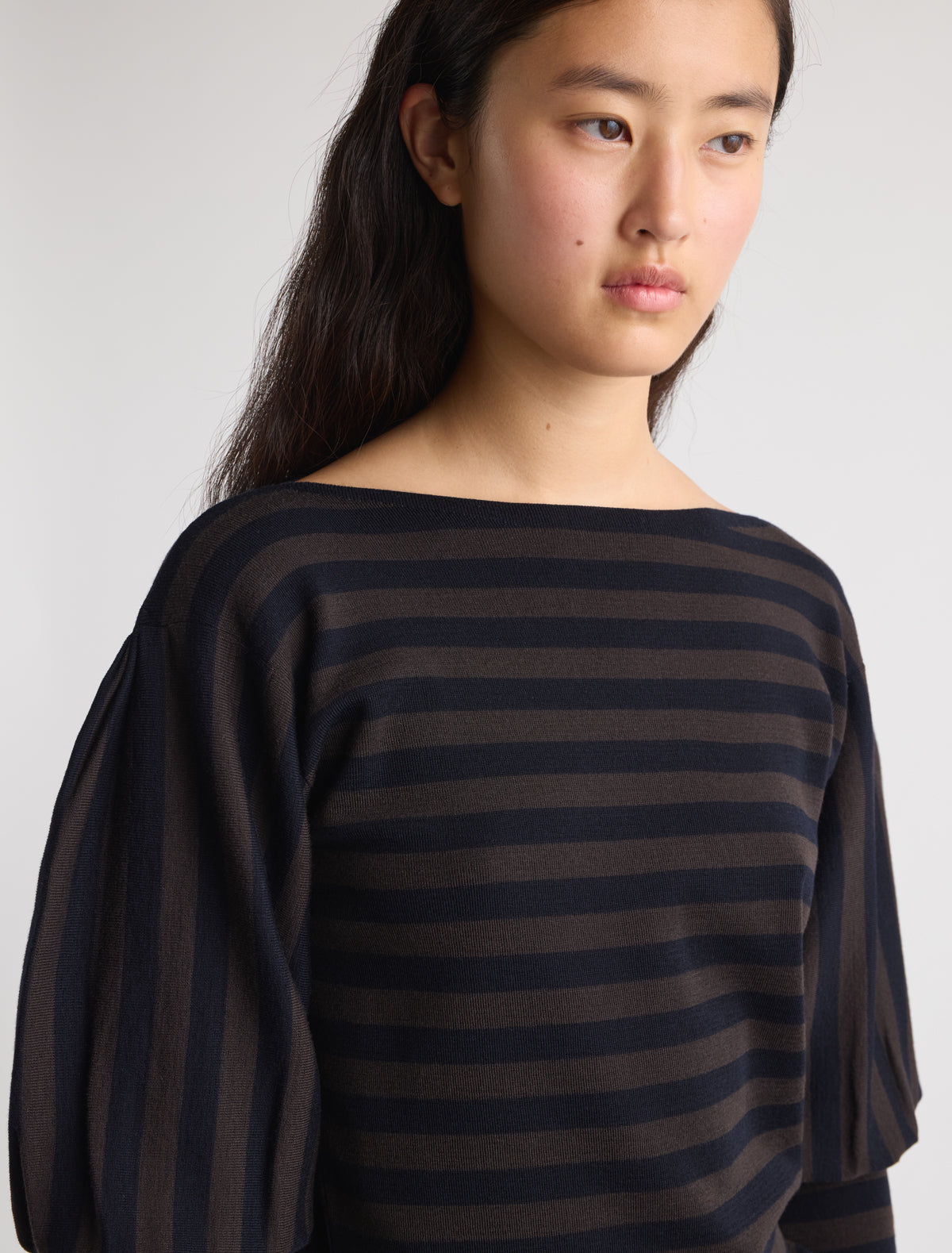 Marmol striped knitted top puff sleeves pleated detailing shoulders navy